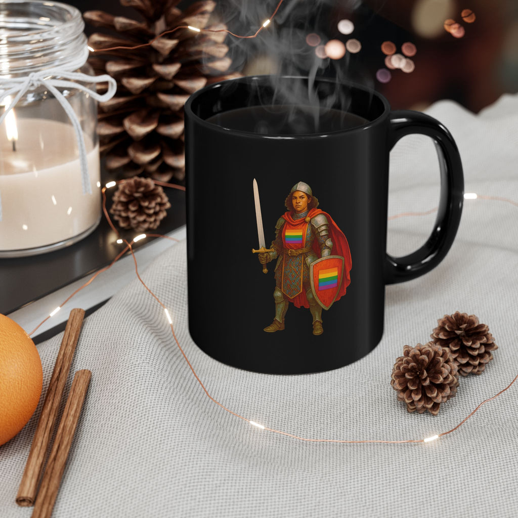 Rainbow Paladin Mug | Black Ceramic Mug with Pride Shield and Cape