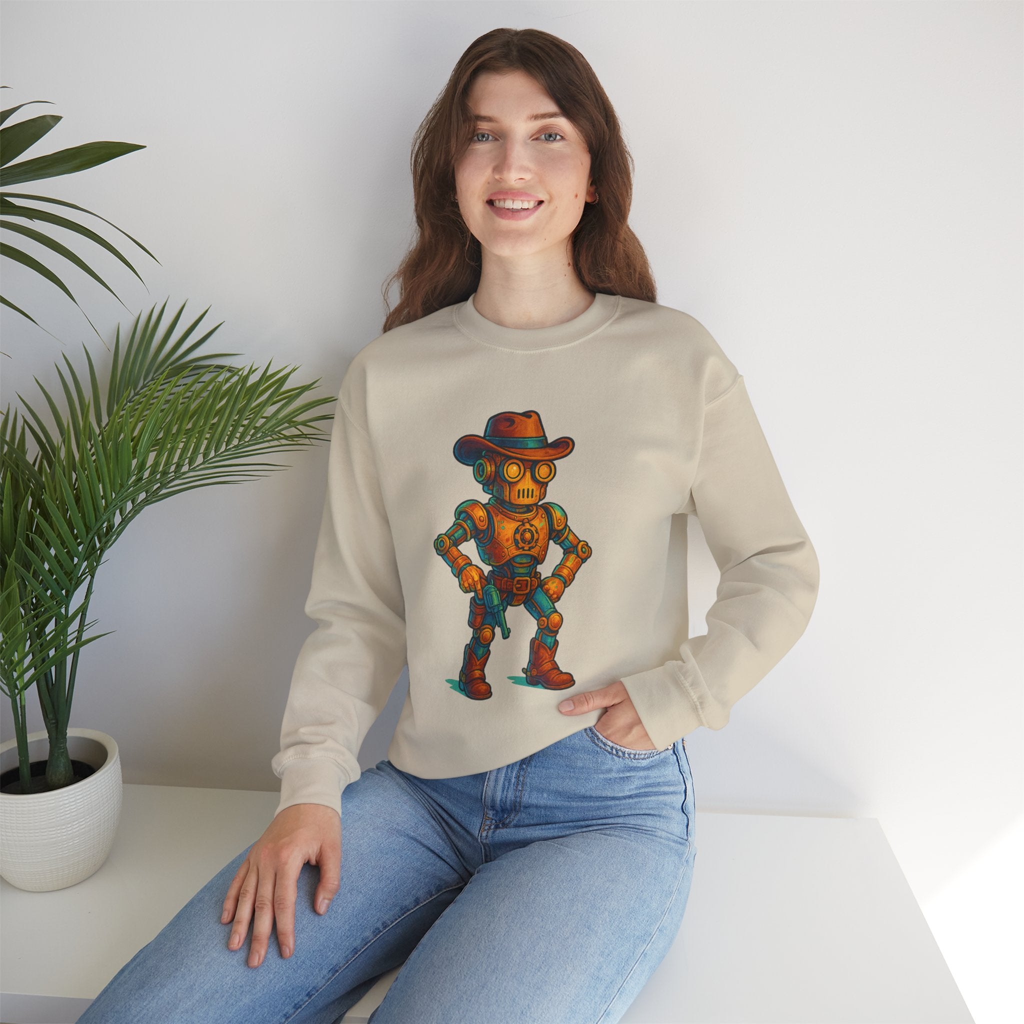 Steampunk Cowboy Robot Crewneck Sweatshirt | Retro Western Robot Artwork