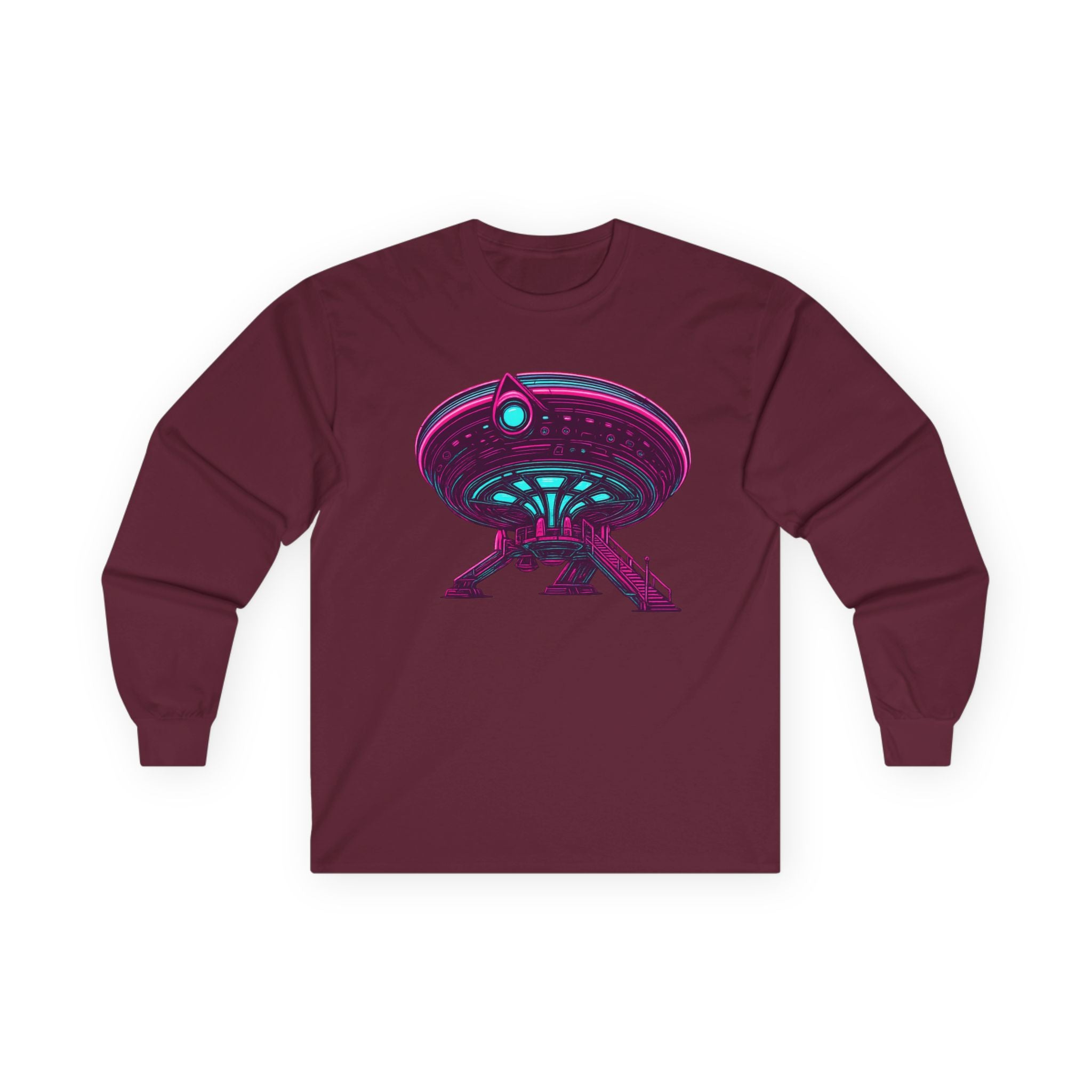 Retro Neon UFO Illustration Long Sleeve Tee | Alien Spaceship Graphic
