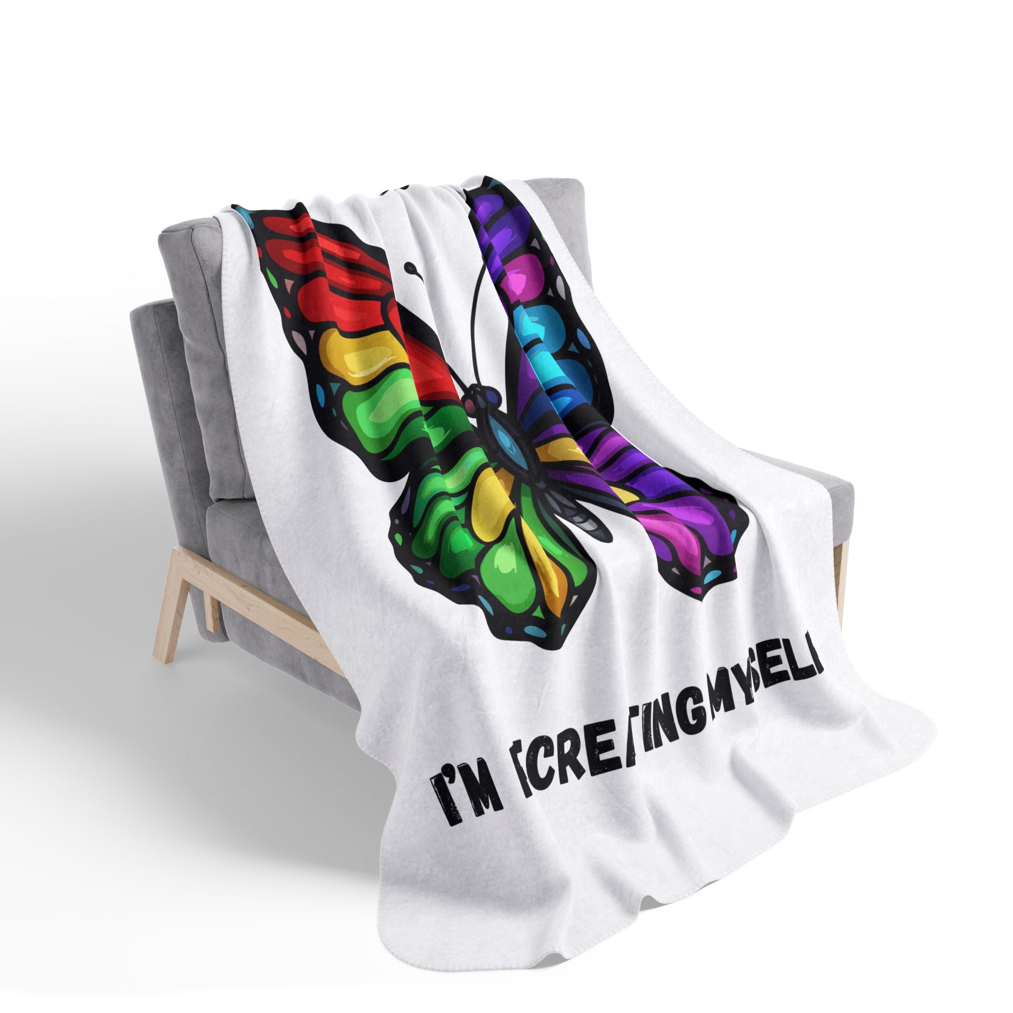 Rainbow Butterfly Stand By I'm Recreating Myself Fleece Sherpa Blanket