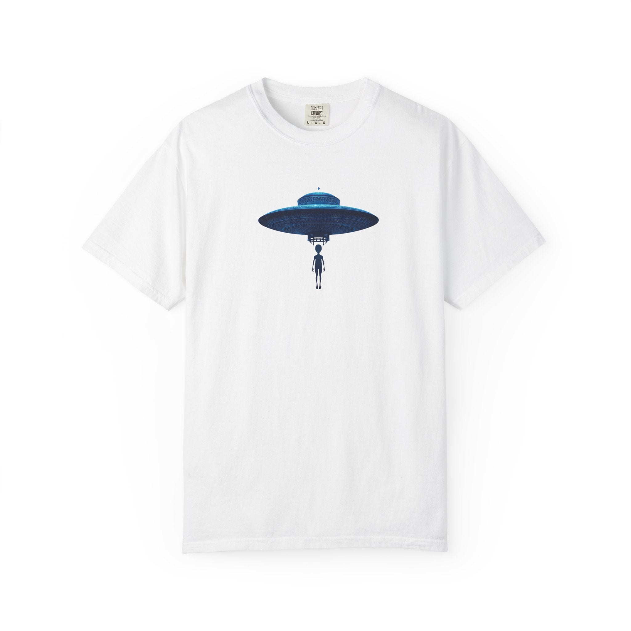 UFO Abduction T-shirt | Minimal Alien Spaceship blue chinoiserie Graphic