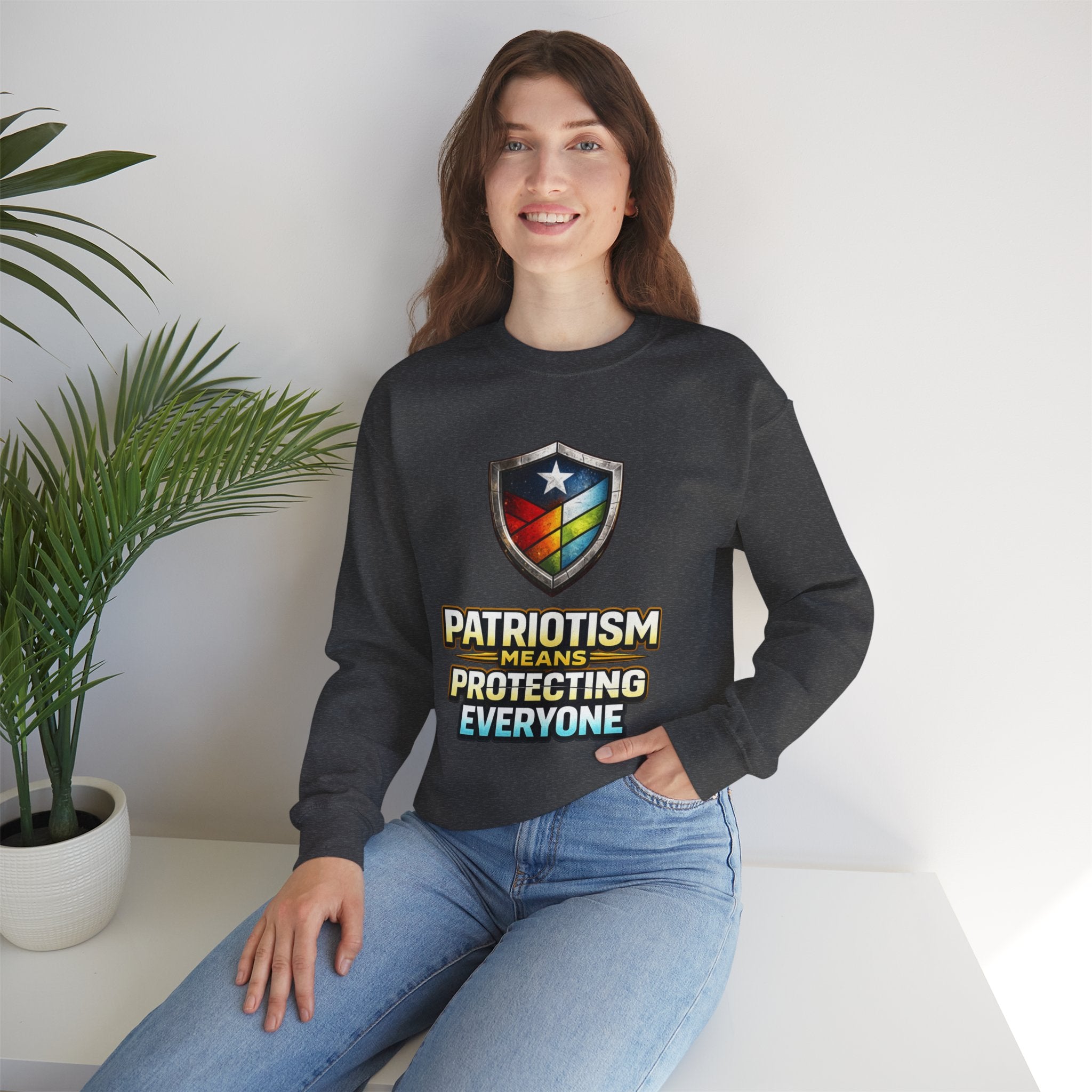 Patriotism Means Protecting Everyone Sweatshirt | Rainbow Shield Flag Design