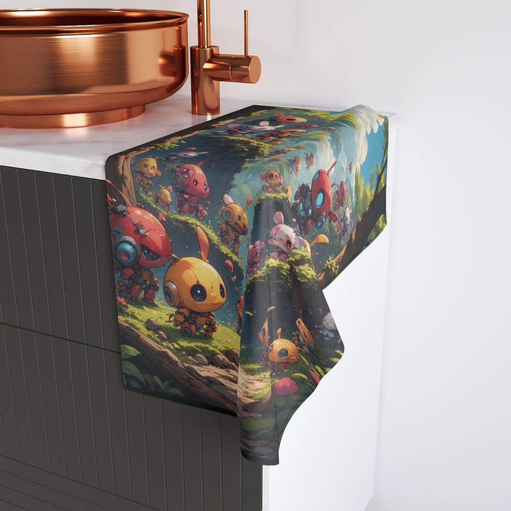 Hand Towel Happy Forest Robots | Kawaii Woodland Characters, Colorful Scenic Print