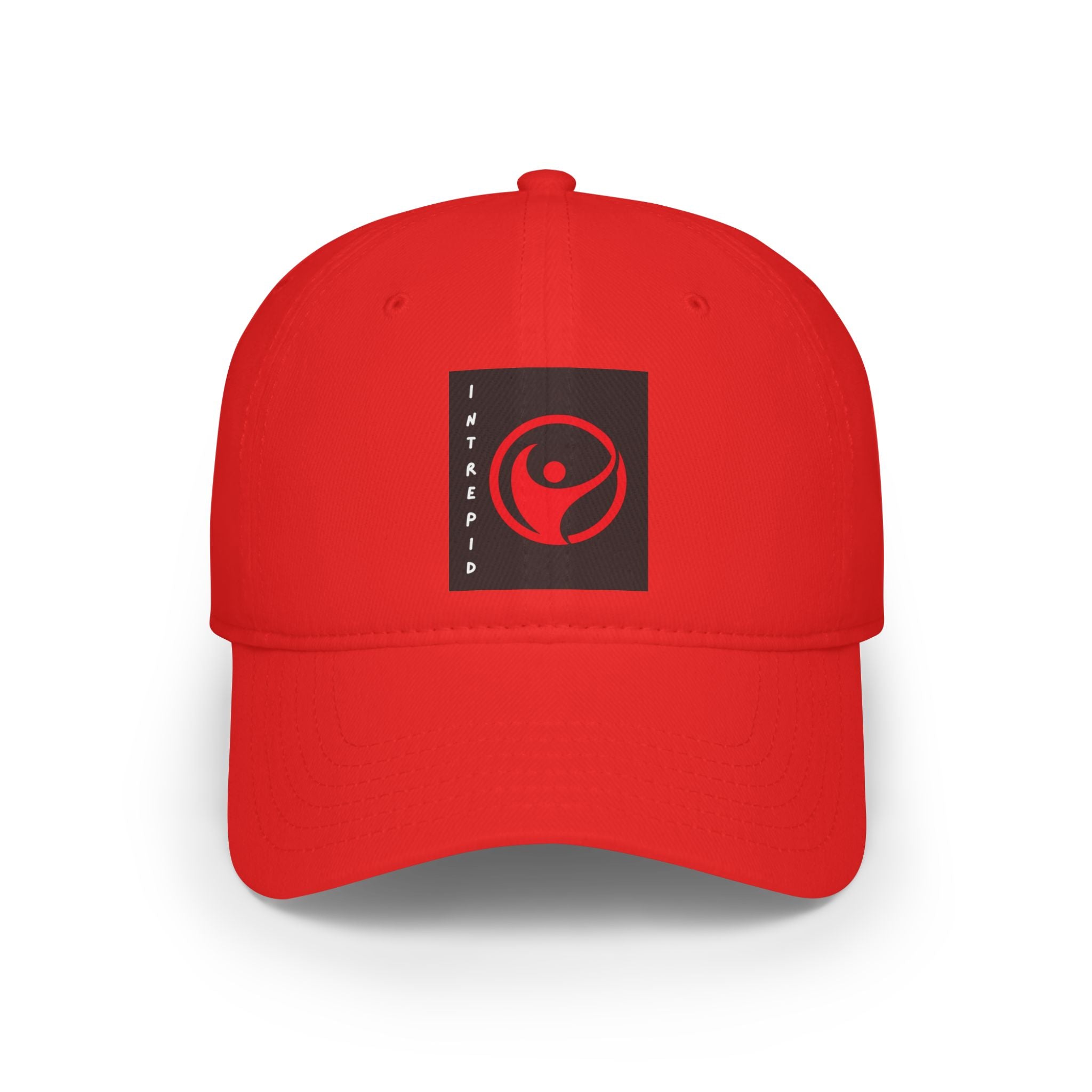 Intrepid Red Circular Logo Baseball Cap | Minimal Emblem, Black Square Patch