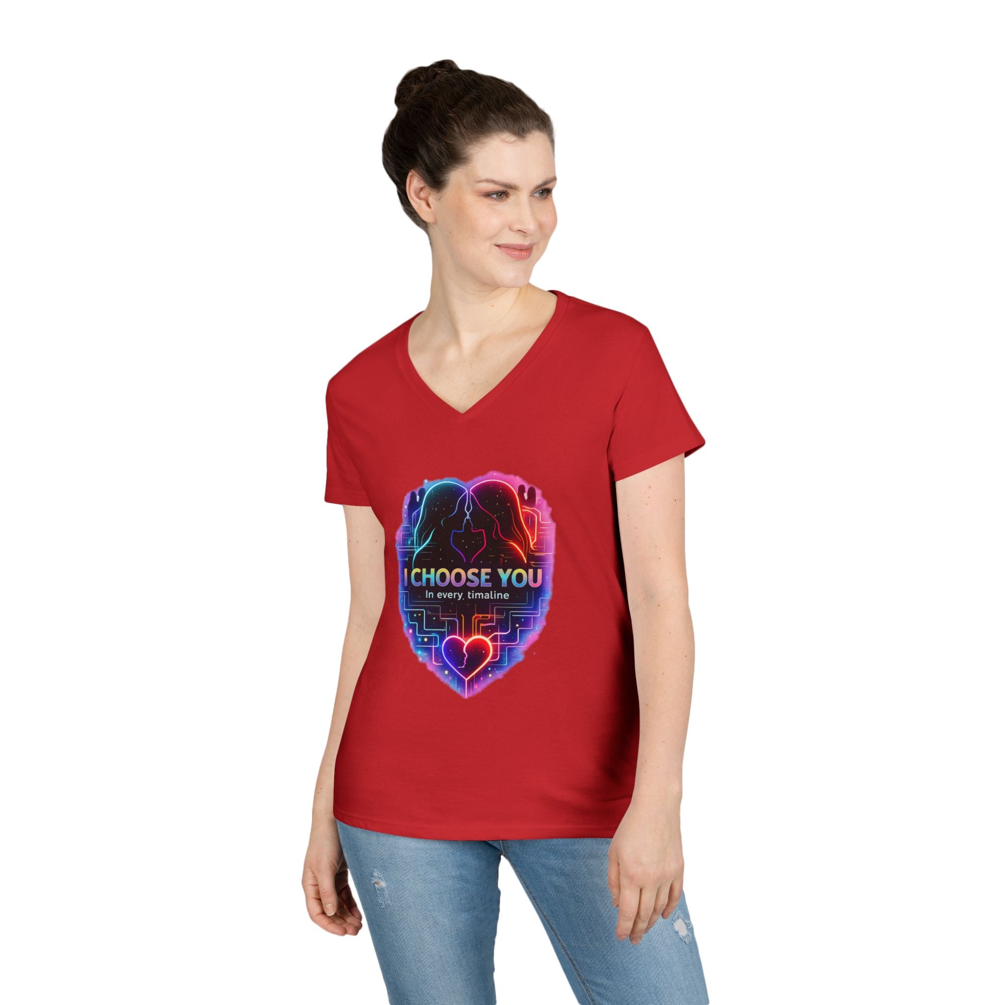 I Choose You in Every Timeline Heart Graphic Women's V-Neck T-Shirt | Neon Retro LGBTQ Love