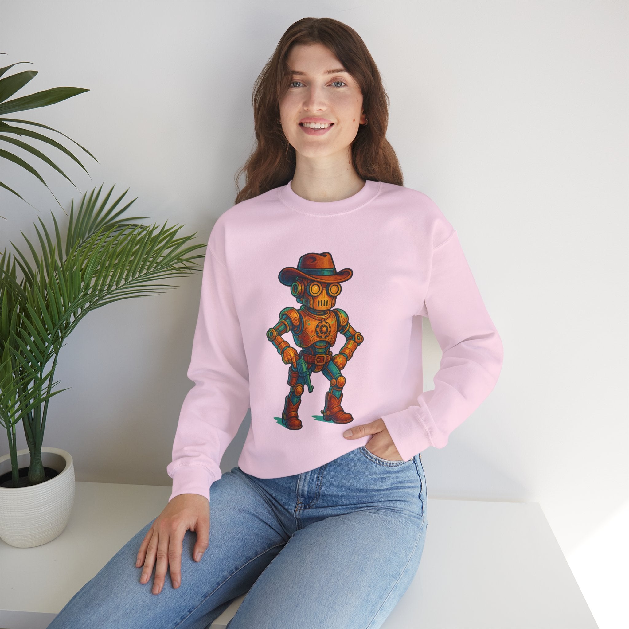 Steampunk Cowboy Robot Crewneck Sweatshirt | Retro Western Robot Artwork