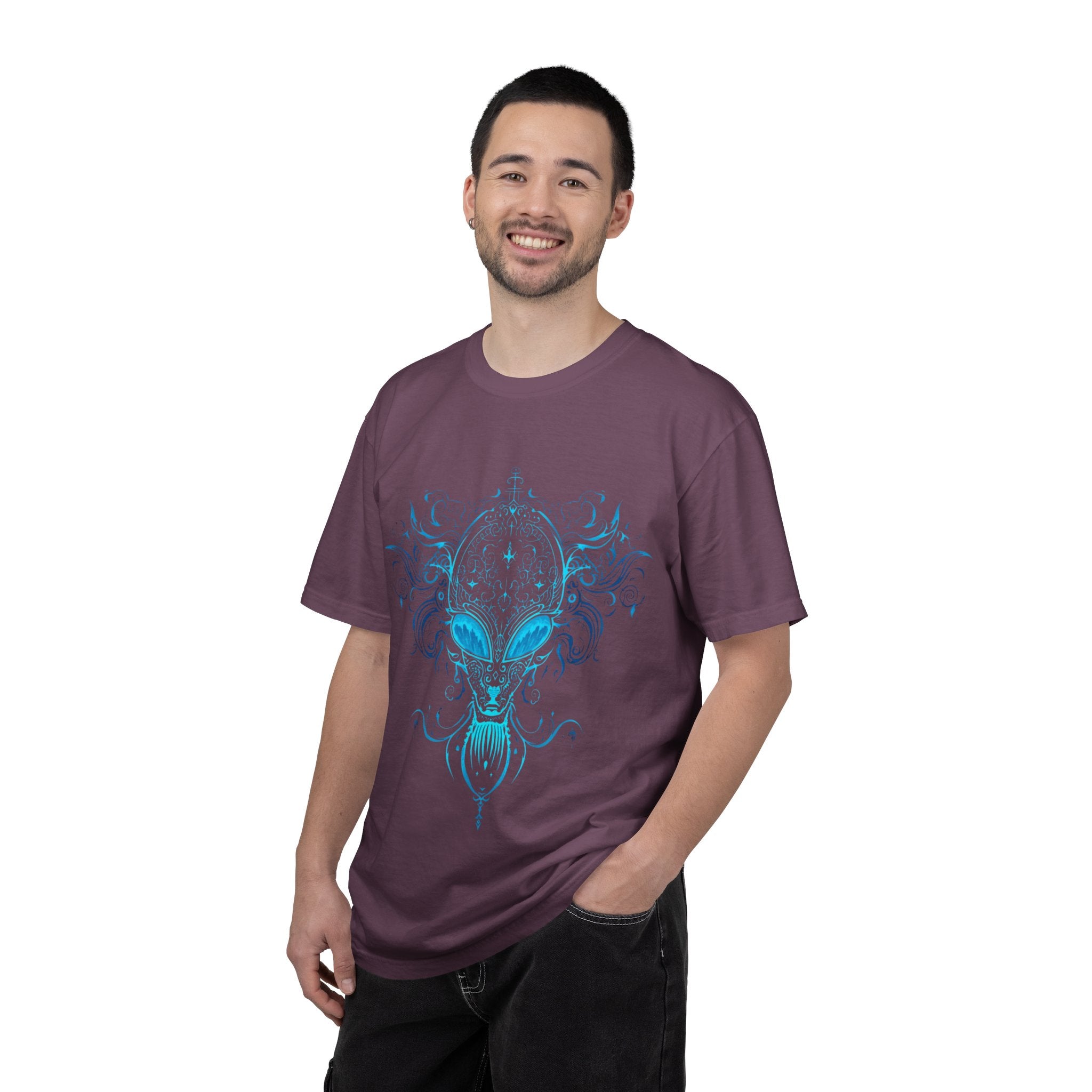 Alien Mask Ornate chinoiserie Blue T-Shirt | Mystical Alien Face Tee