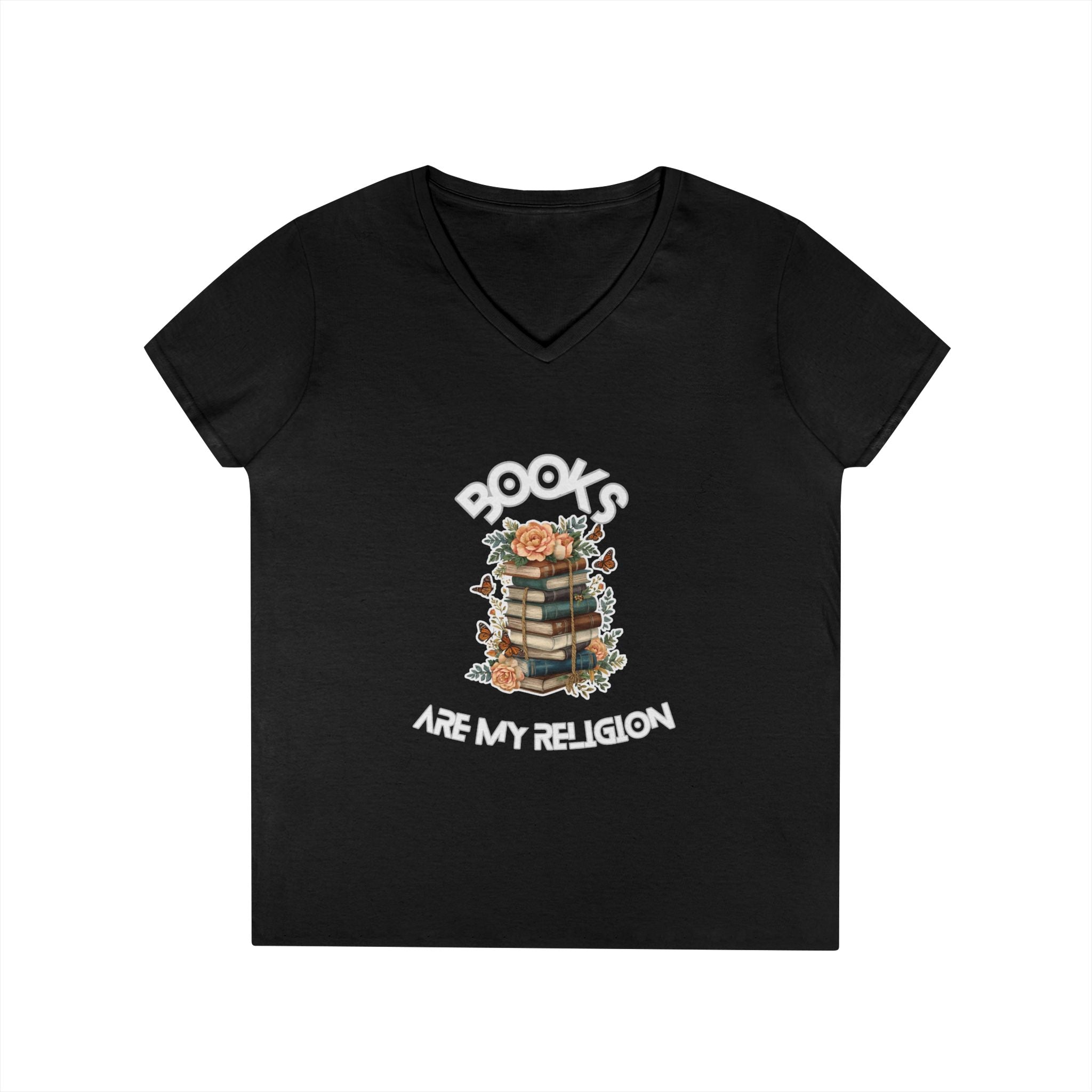 Books Are My Religion V-Neck Tee, Floral Stack Graphic T-Shirt for Women