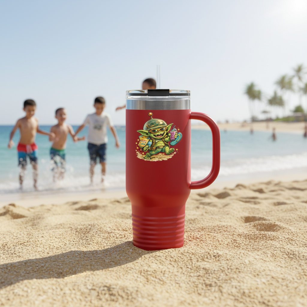 40oz Insulated Travel Mug — Cute Alien Beach Cartoon Tumbler with Handle