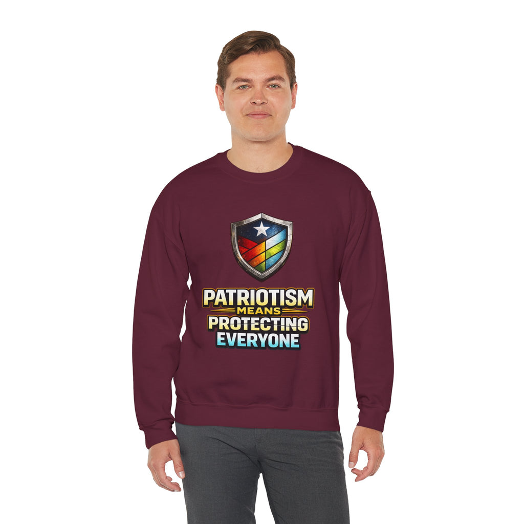 Patriotism Means Protecting Everyone Sweatshirt | Rainbow Shield Flag Design