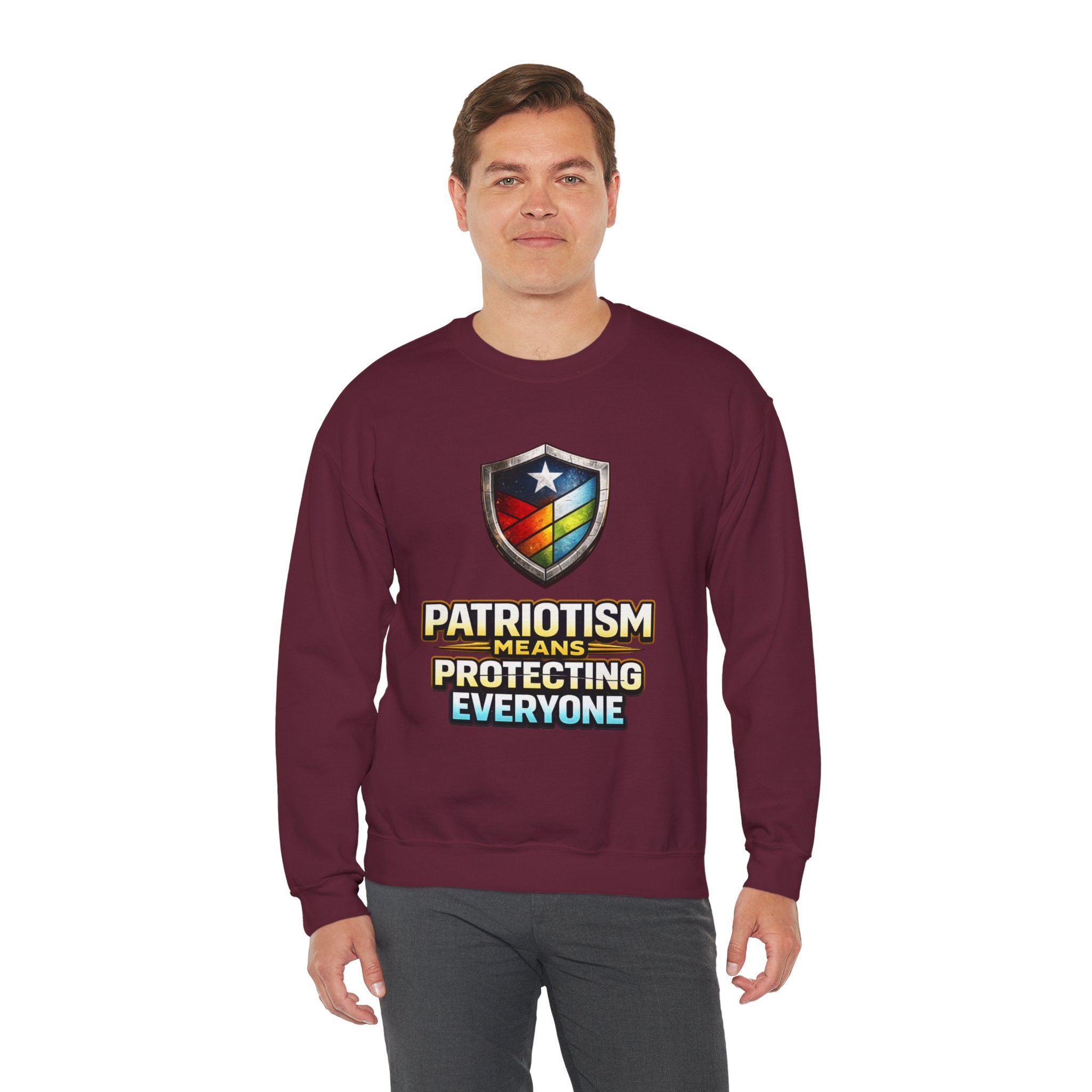 Patriotism Means Protecting Everyone Sweatshirt | Rainbow Shield Flag Design
