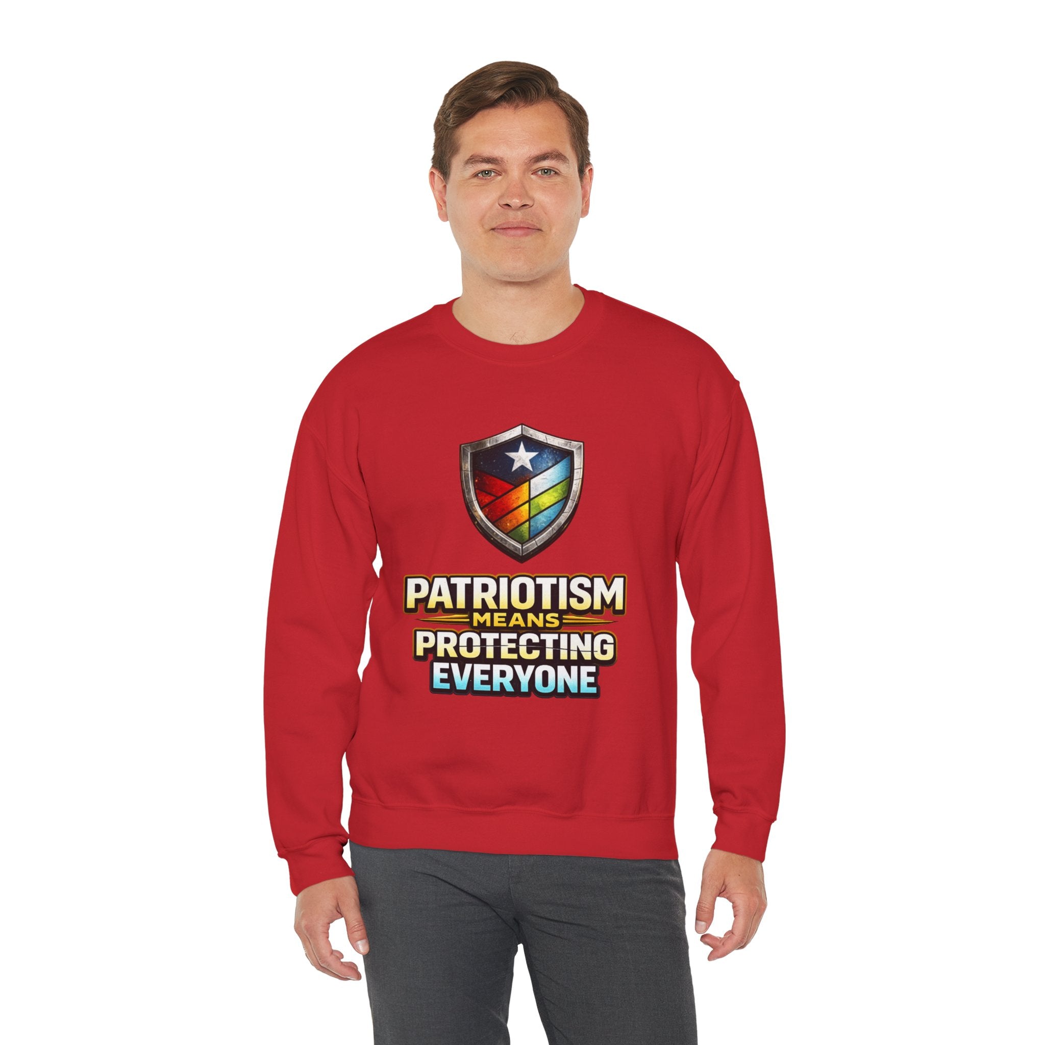 Patriotism Means Protecting Everyone Sweatshirt | Rainbow Shield Flag Design
