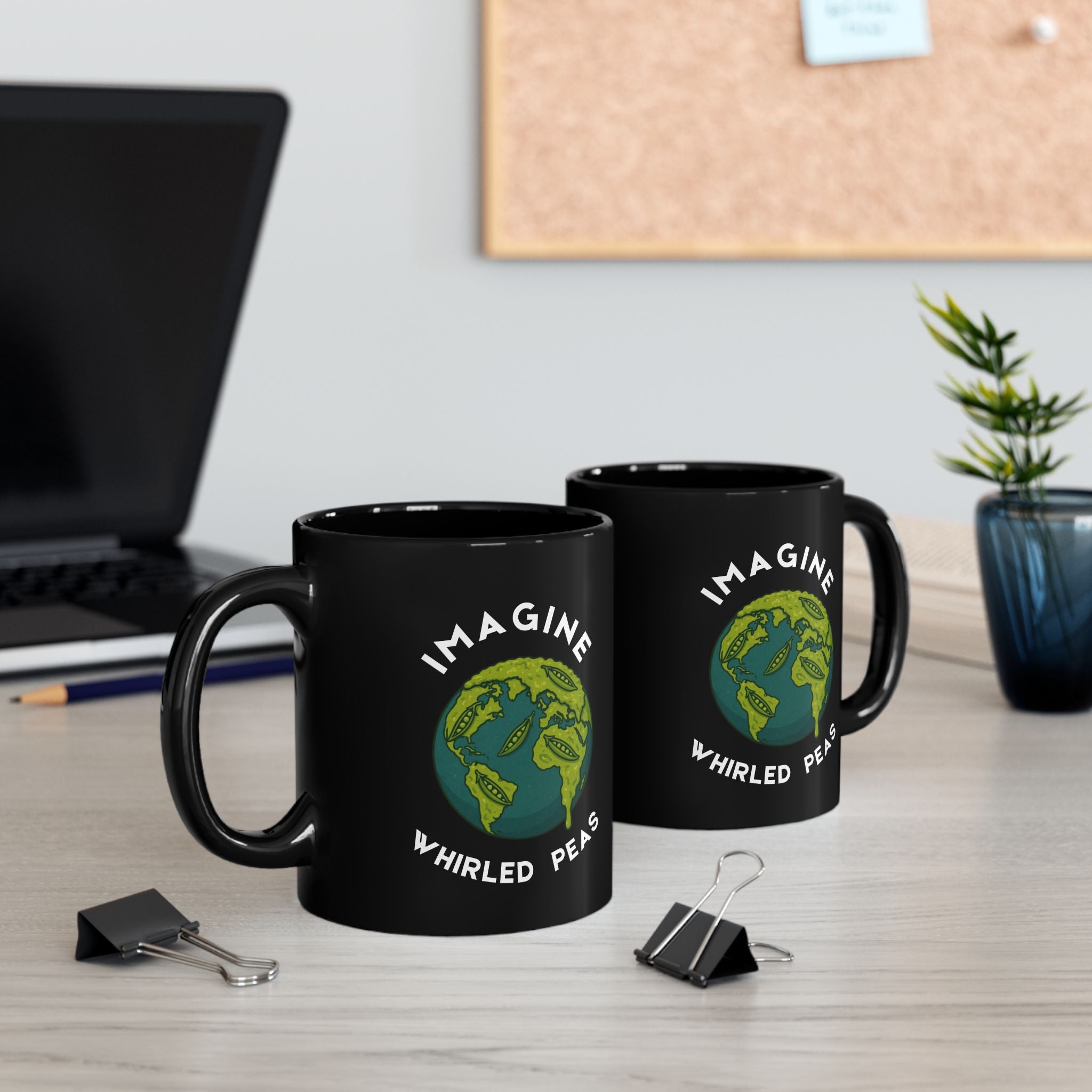 Imagine Whirled Peas Whimsical Black Mug with Earth and Peas Design