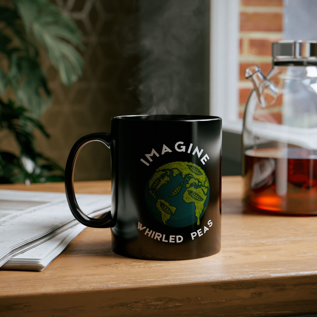 Imagine Whirled Peas Whimsical Black Mug with Earth and Peas Design