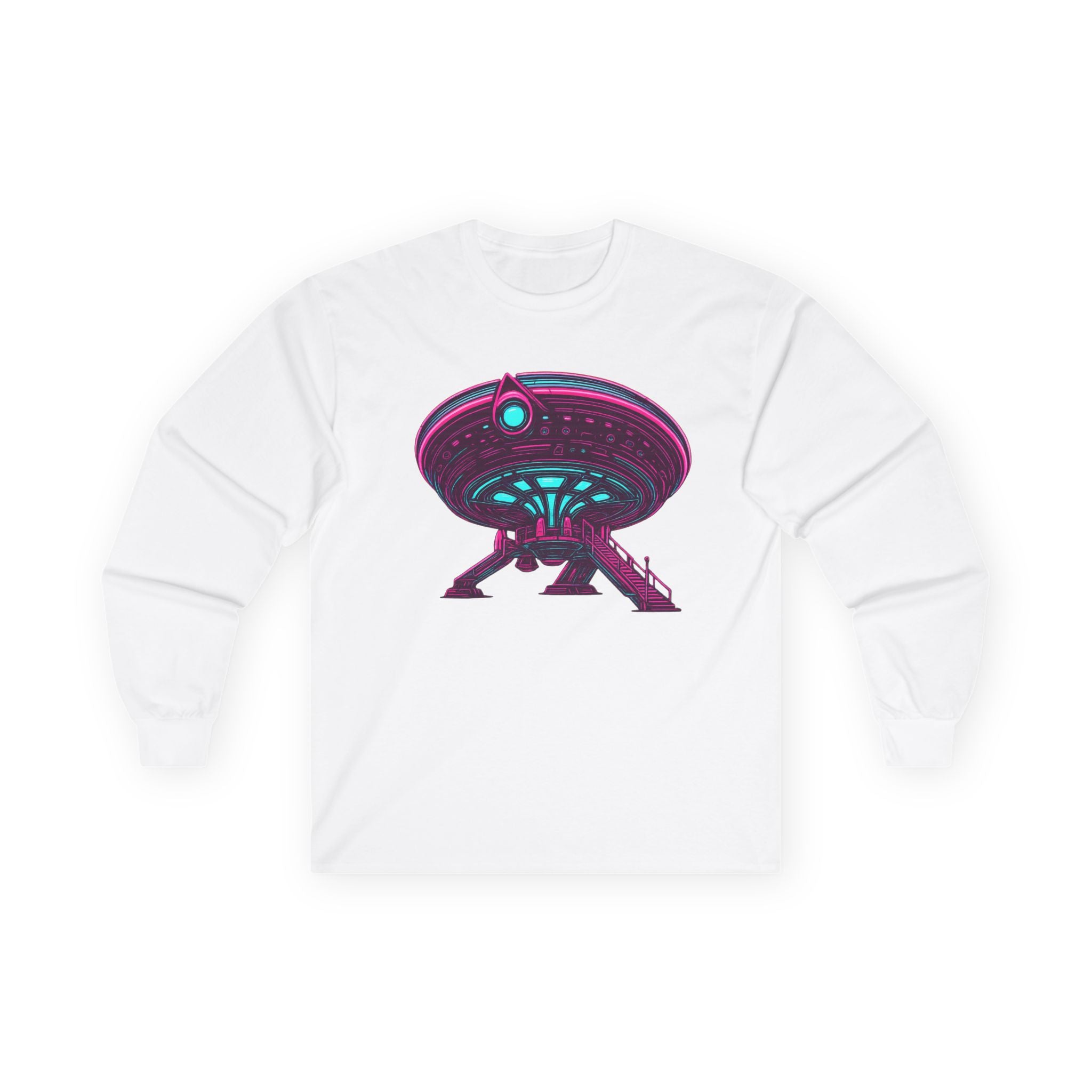 Retro Neon UFO Illustration Long Sleeve Tee | Alien Spaceship Graphic