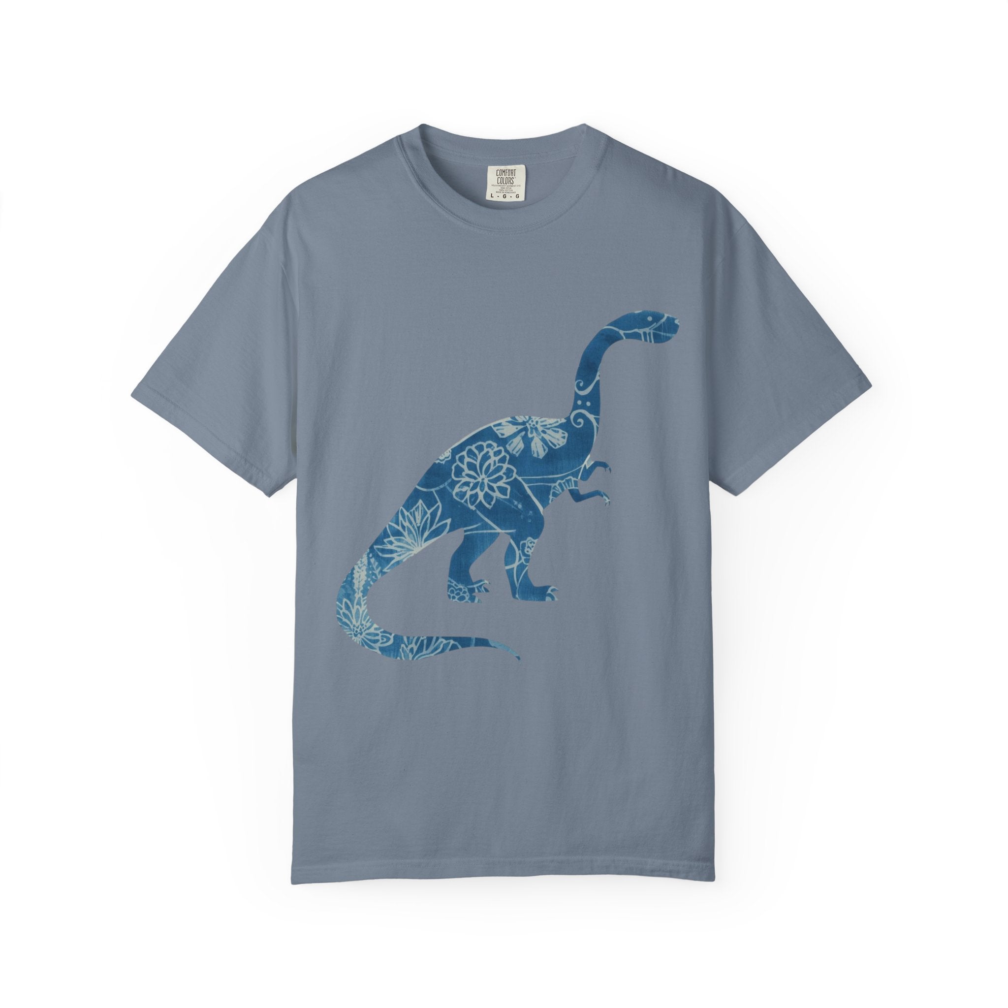 Dinosaur Floral blue chinoiserie Silhouette T-Shirt | Blue Botanical Dino Brontosaurus Tee