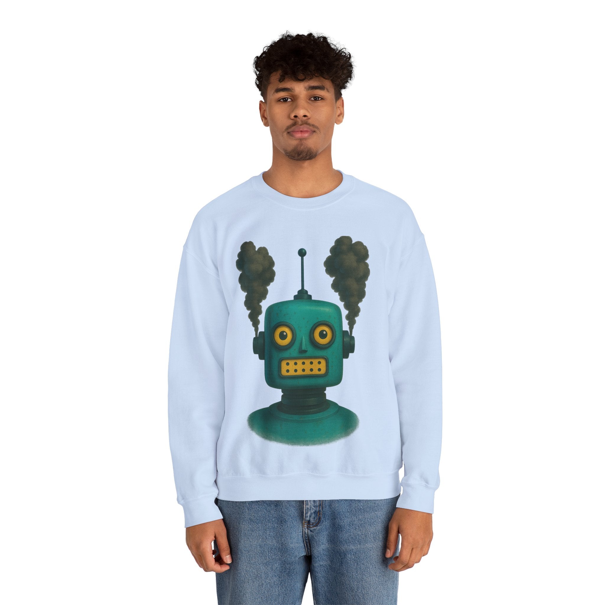 Smoking Robot Graphic Unisex Sweatshirt, Cozy Crewneck Top
