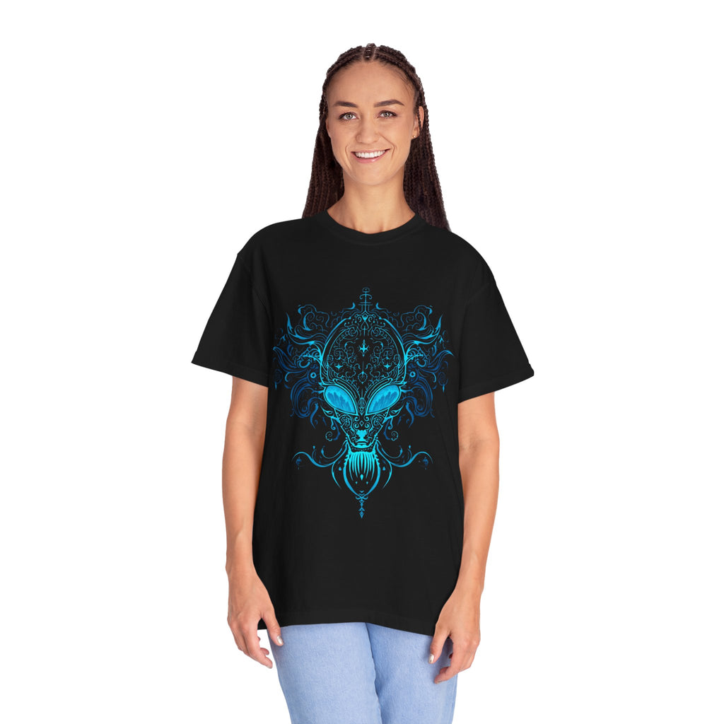 Alien Mask Ornate chinoiserie Blue T-Shirt | Mystical Alien Face Tee