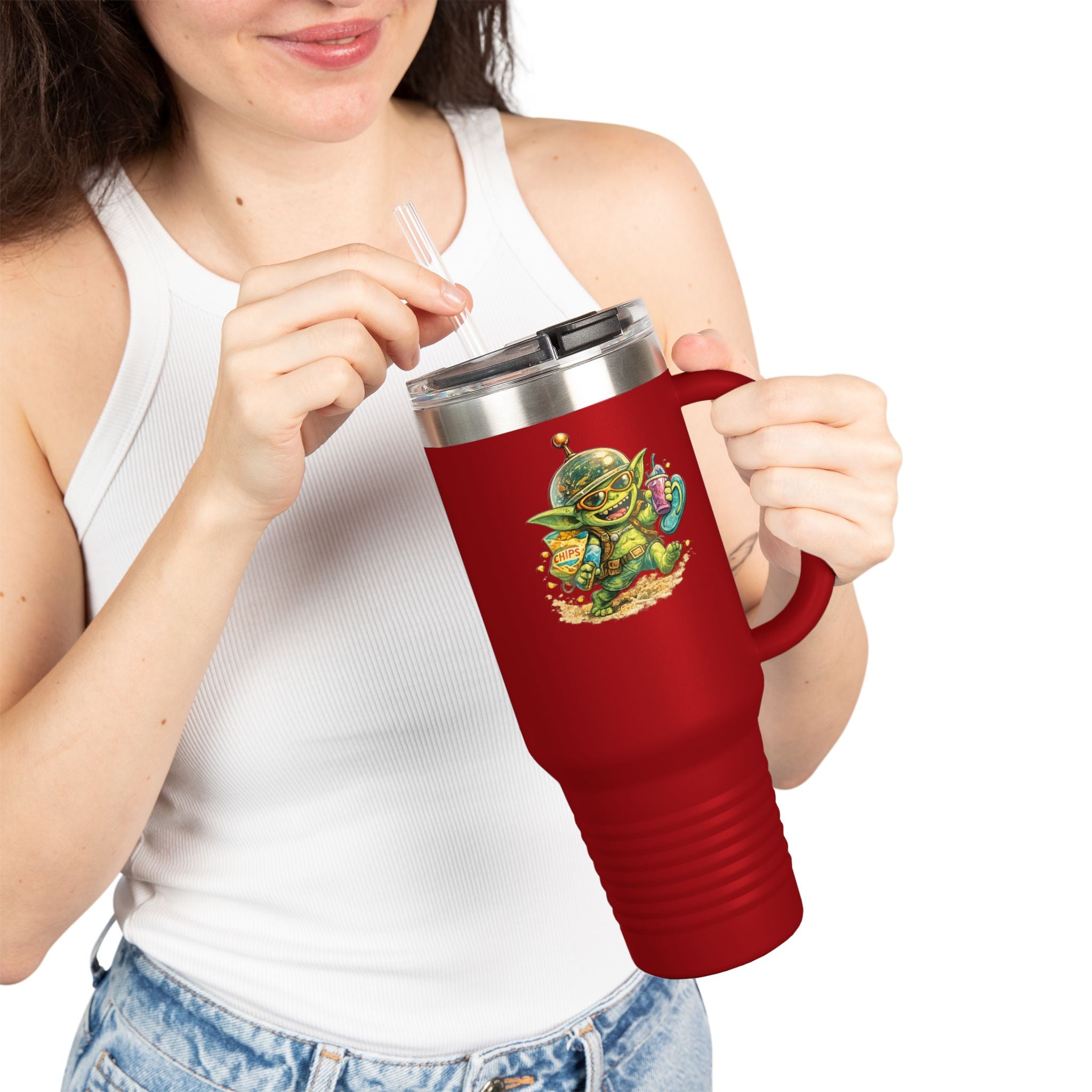 40oz Insulated Travel Mug — Cute Alien Beach Cartoon Tumbler with Handle
