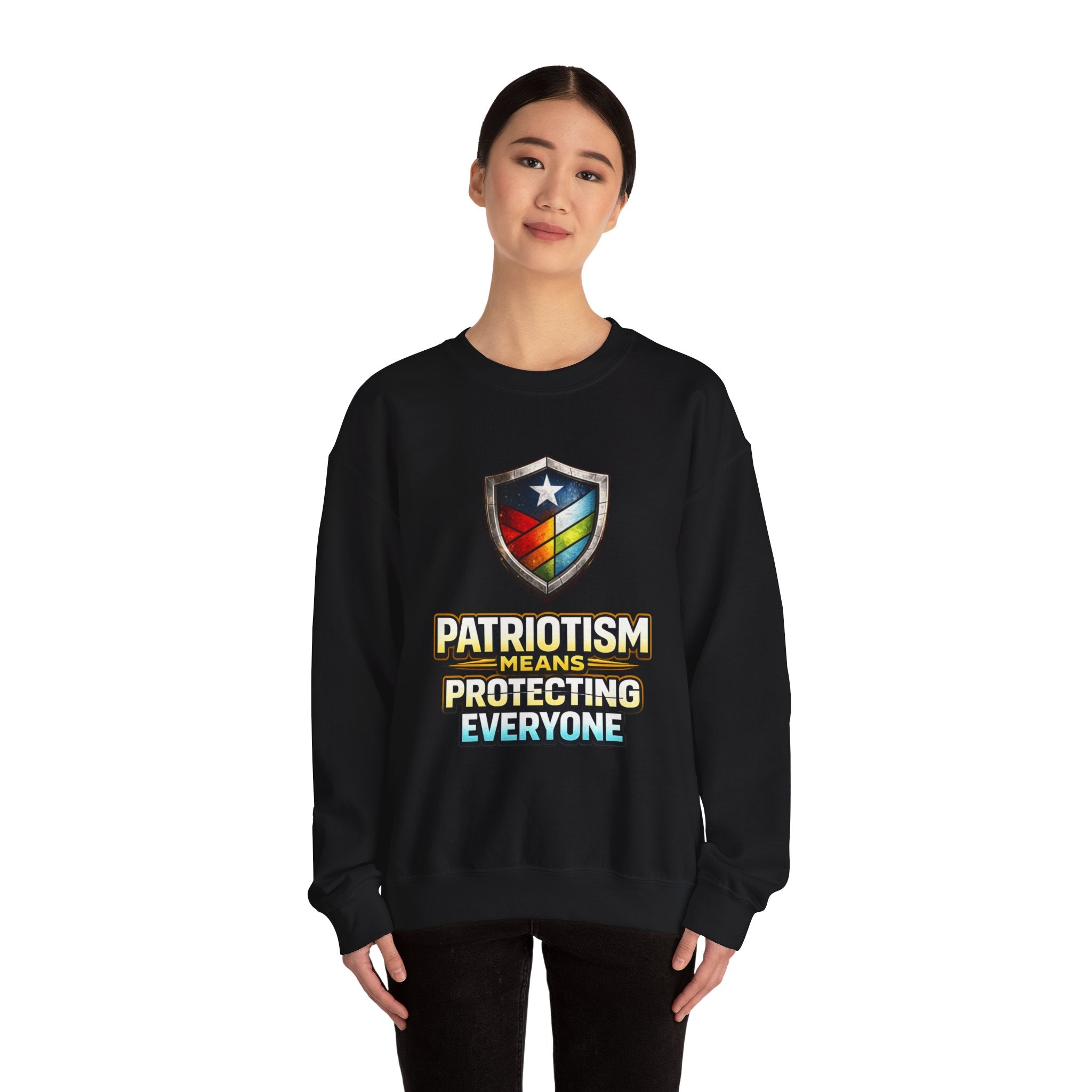 Patriotism Means Protecting Everyone Sweatshirt | Rainbow Shield Flag Design