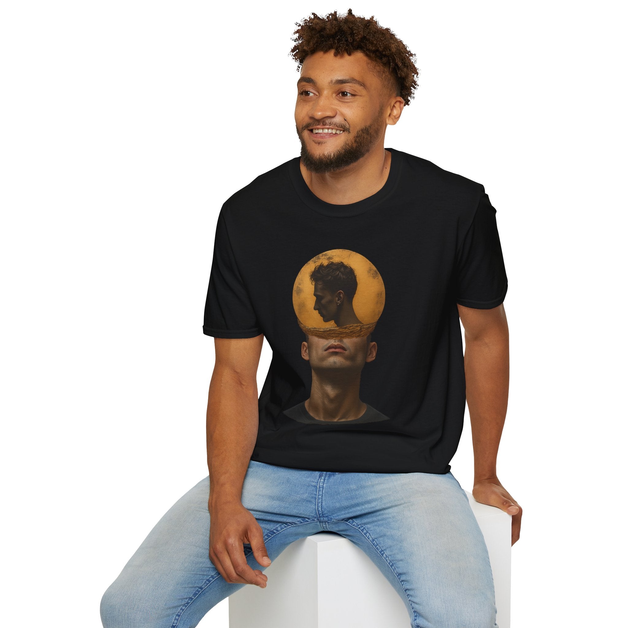 Surreal Double Portrait T-Shirt | Abstract Head Silhouette, Moon Circle