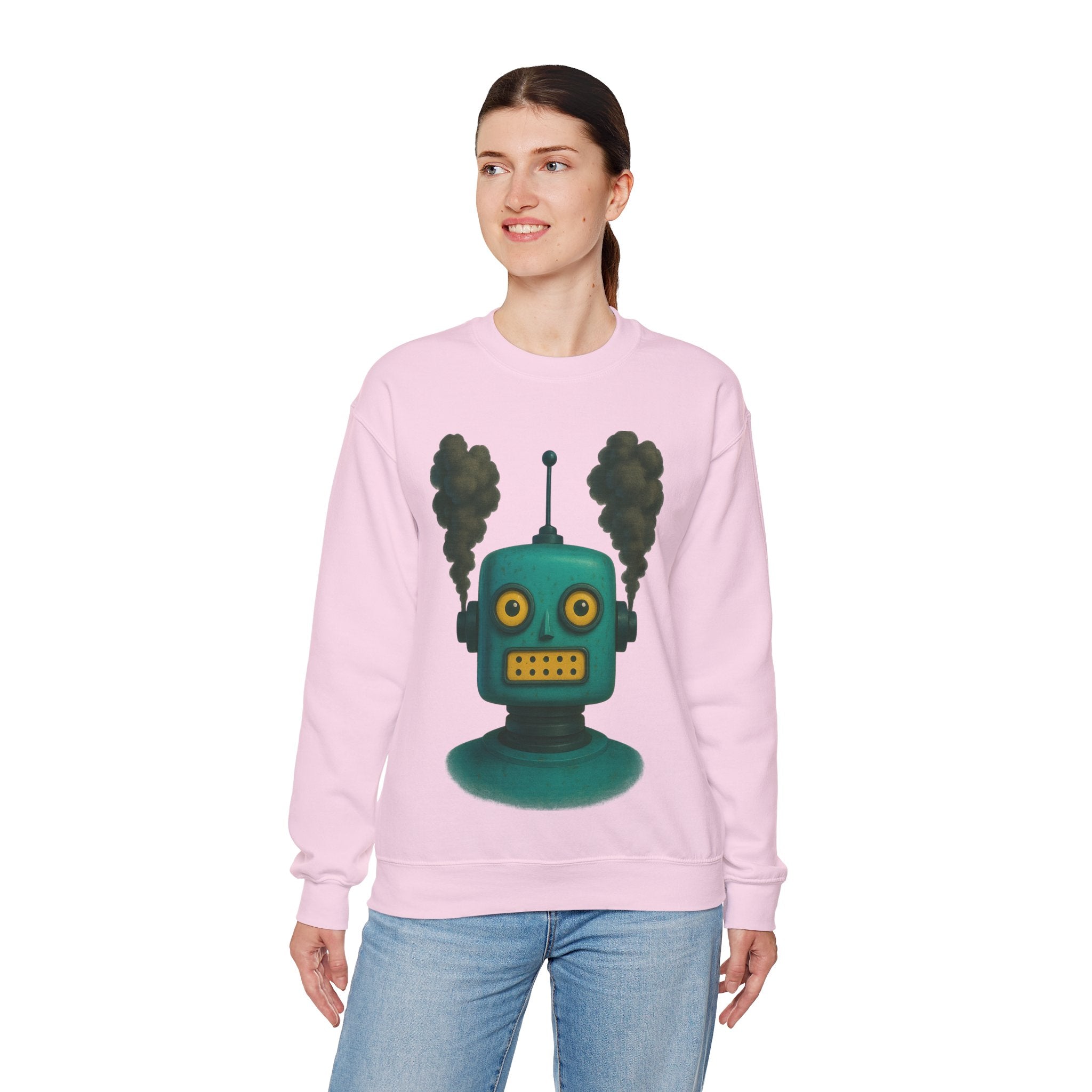 Smoking Robot Graphic Unisex Sweatshirt, Cozy Crewneck Top