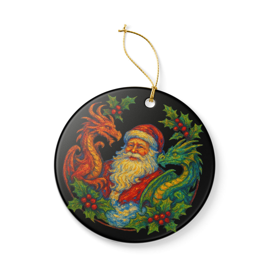 Santa with Red and Green Dragons Ceramic Ornament | Christmas Tree Decoration