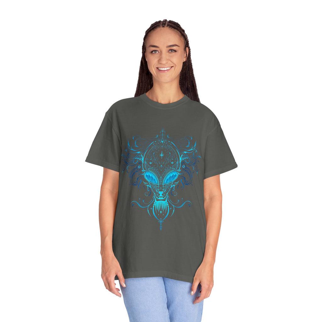Alien Mask Ornate chinoiserie Blue T-Shirt | Mystical Alien Face Tee
