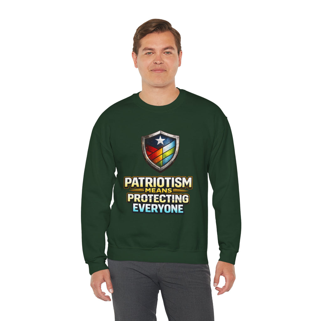 Patriotism Means Protecting Everyone Sweatshirt | Rainbow Shield Flag Design