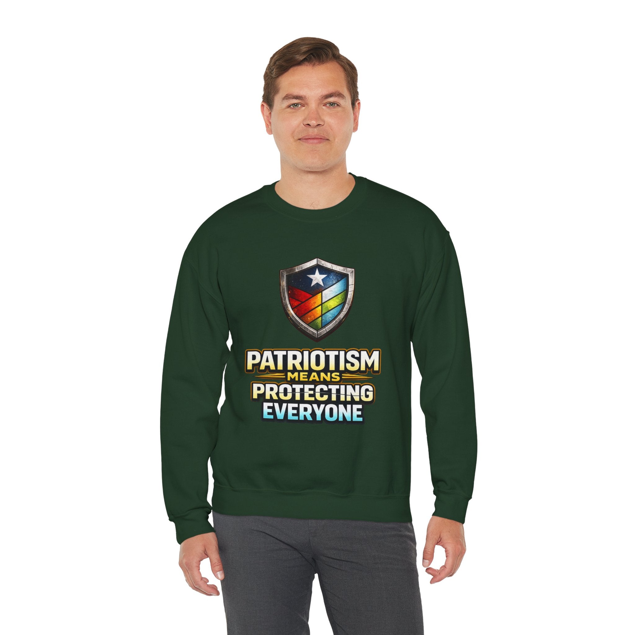Patriotism Means Protecting Everyone Sweatshirt | Rainbow Shield Flag Design