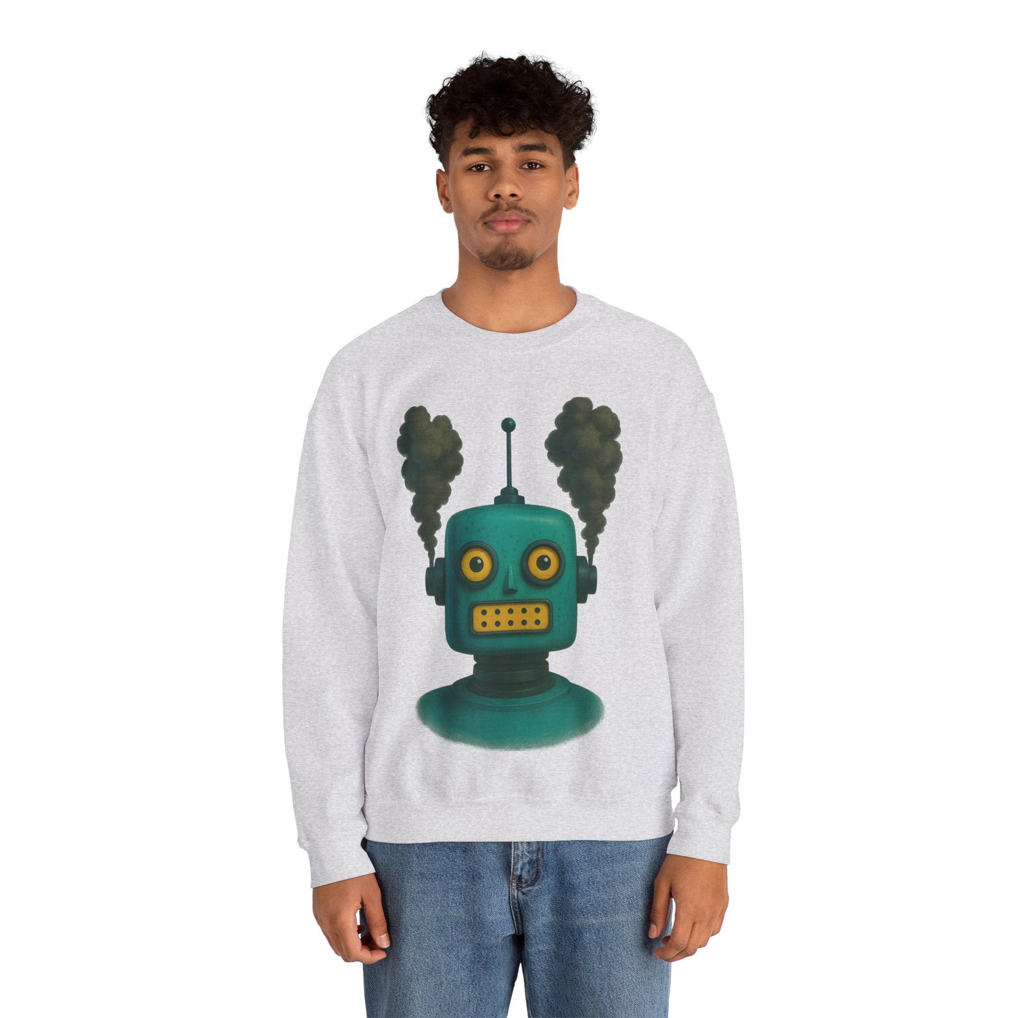 Smoking Robot Graphic Unisex Sweatshirt, Cozy Crewneck Top