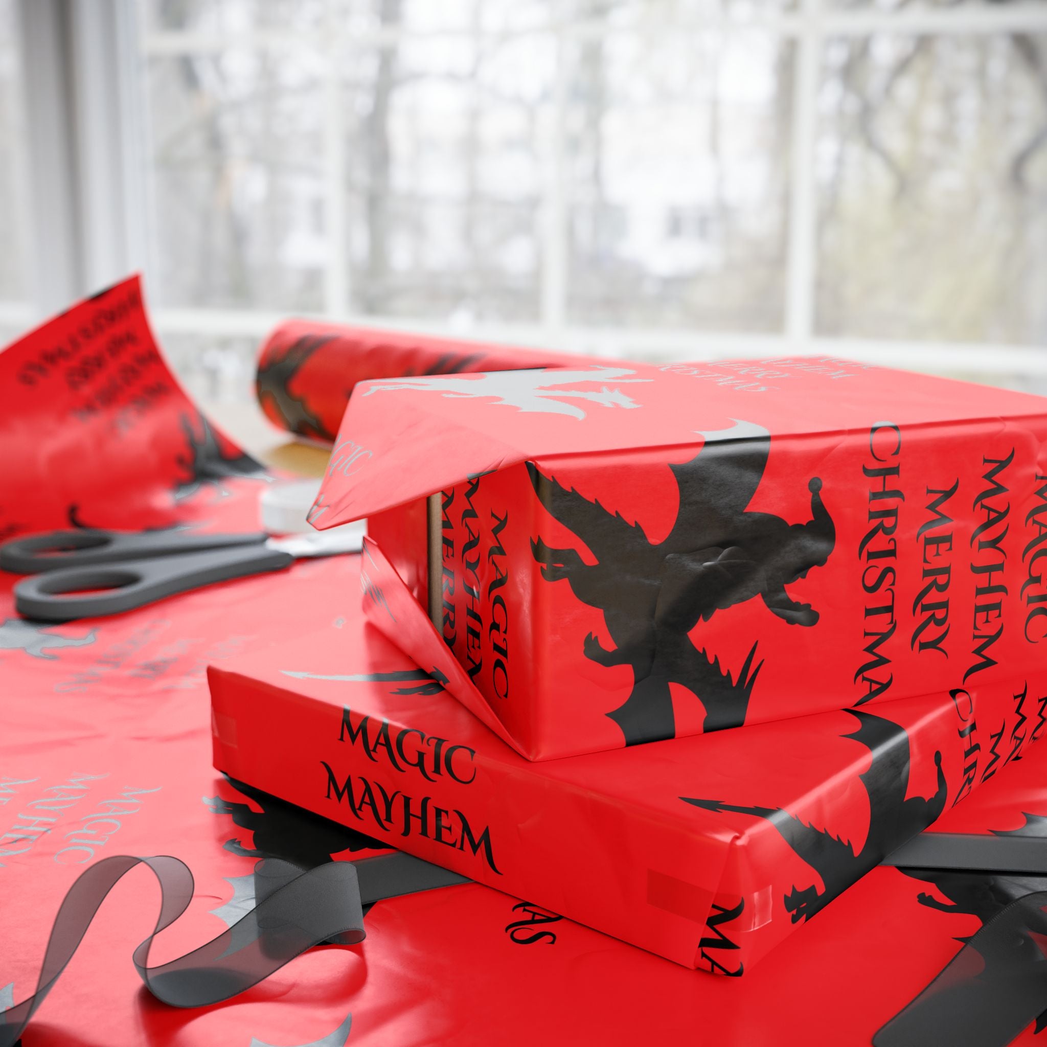 Santa Dragon Magic Mayhem Merry Christmas Wrapping Paper | Halloween Red and Black Santa on a Dragon Print