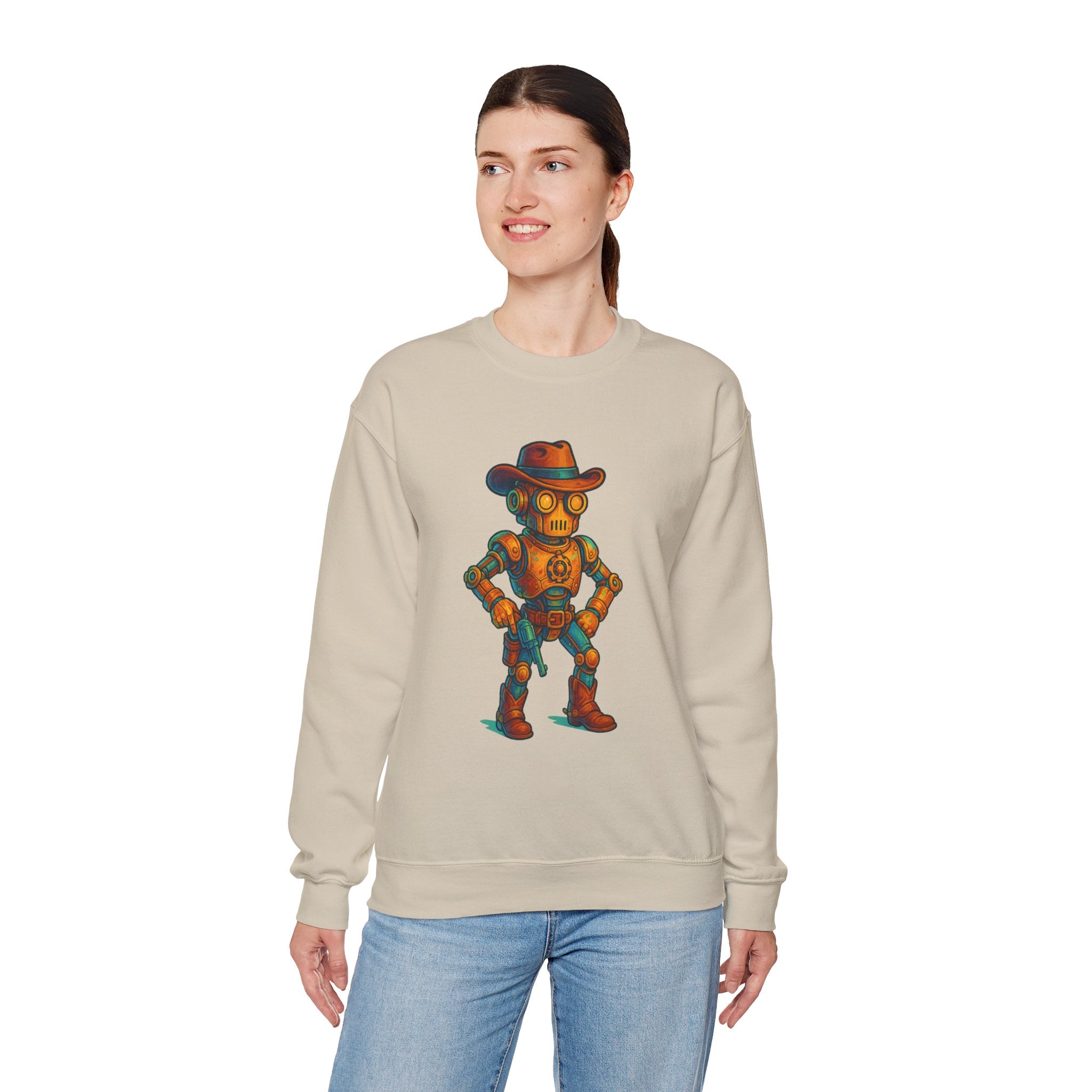 Steampunk Cowboy Robot Crewneck Sweatshirt | Retro Western Robot Artwork