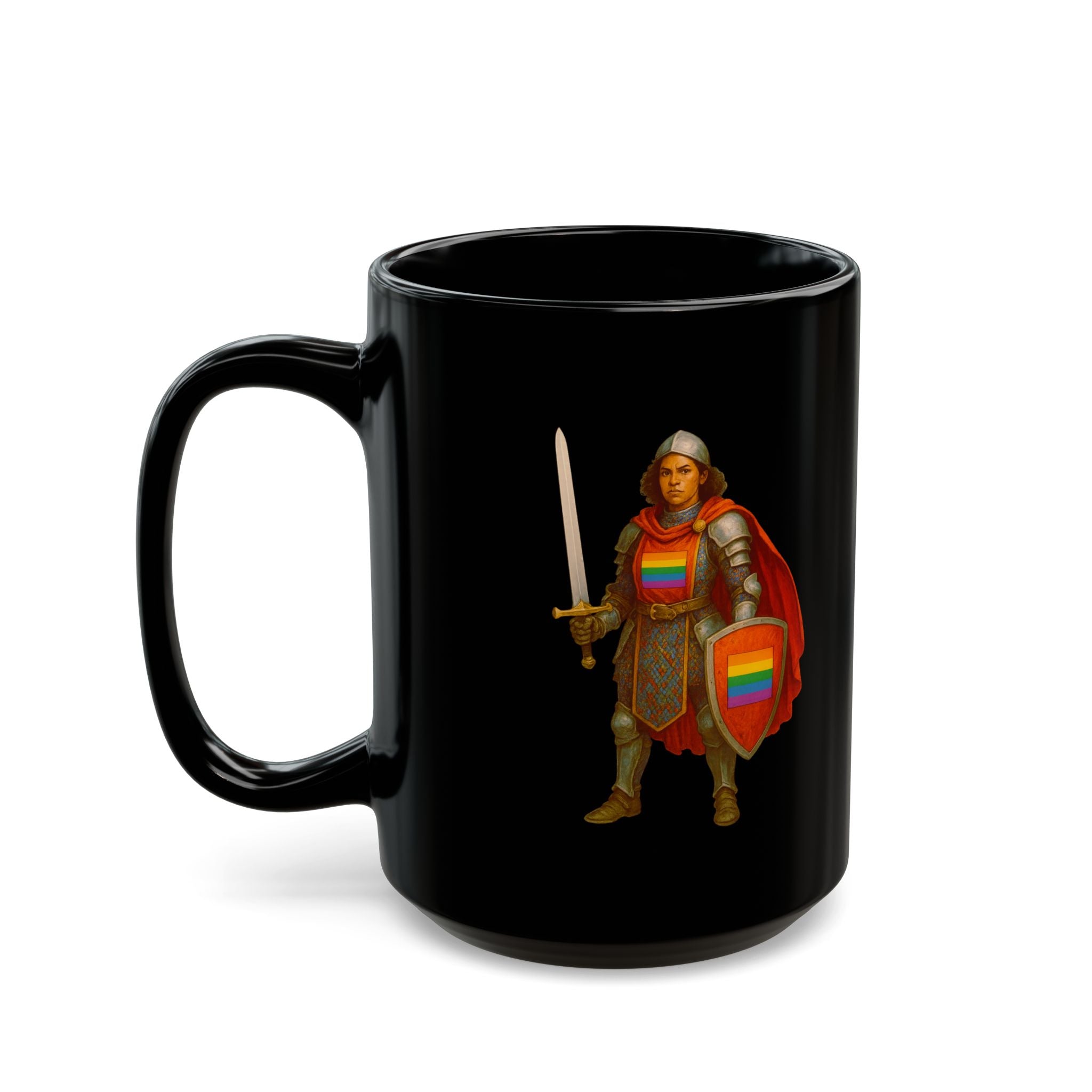 Rainbow Paladin Mug | Black Ceramic Mug with Pride Shield and Cape