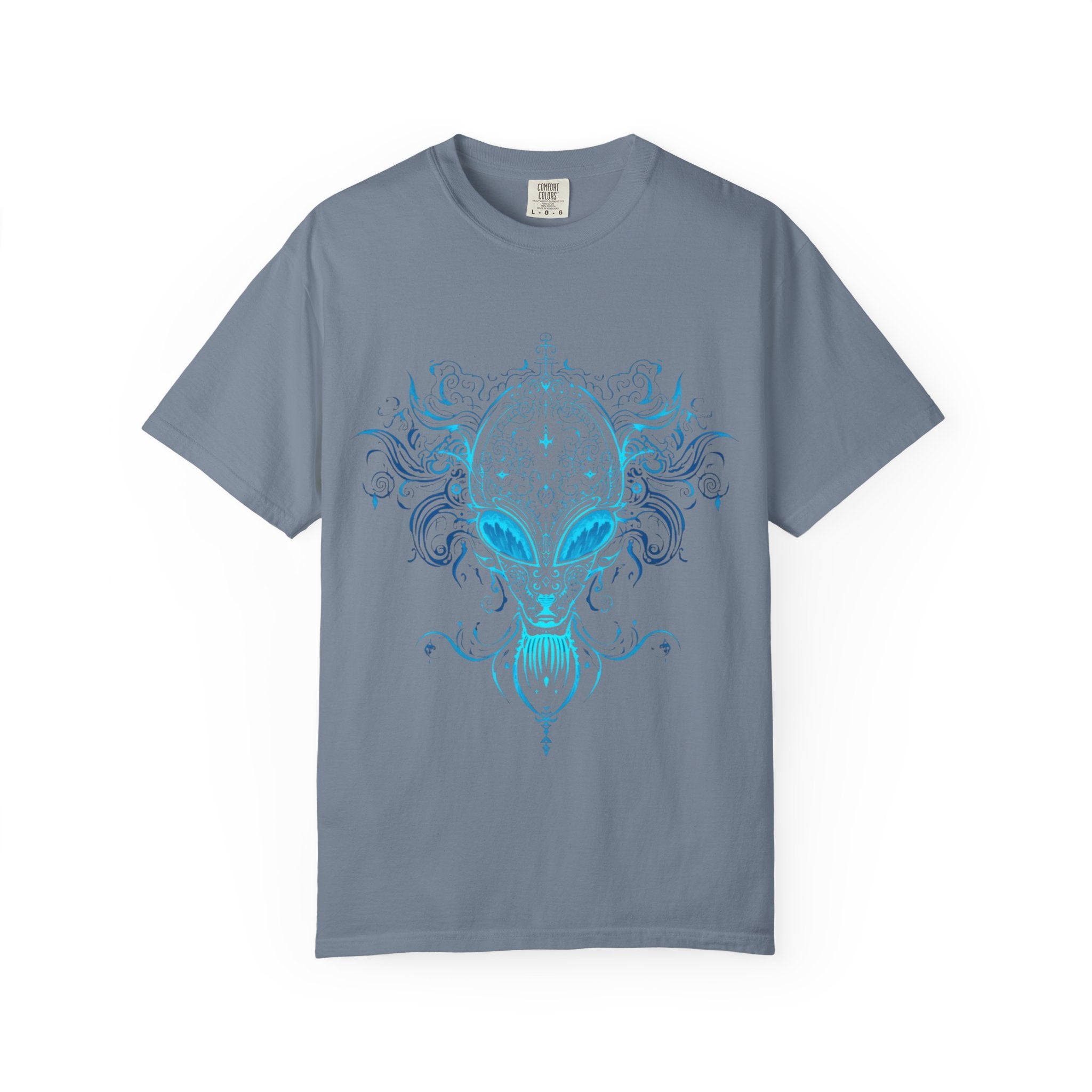 Alien Mask Ornate chinoiserie Blue T-Shirt | Mystical Alien Face Tee