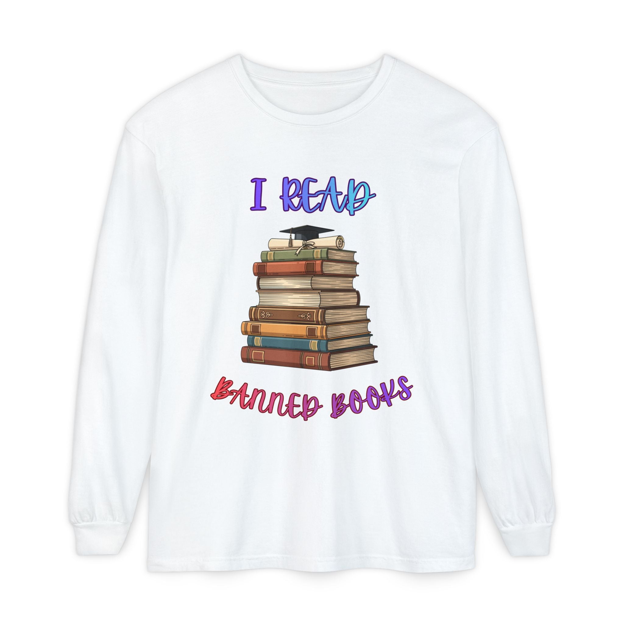 I Read Banned Books Stack of Books Long Sleeve Shirt | Censorship Awareness Library Appreciation Comfort Color