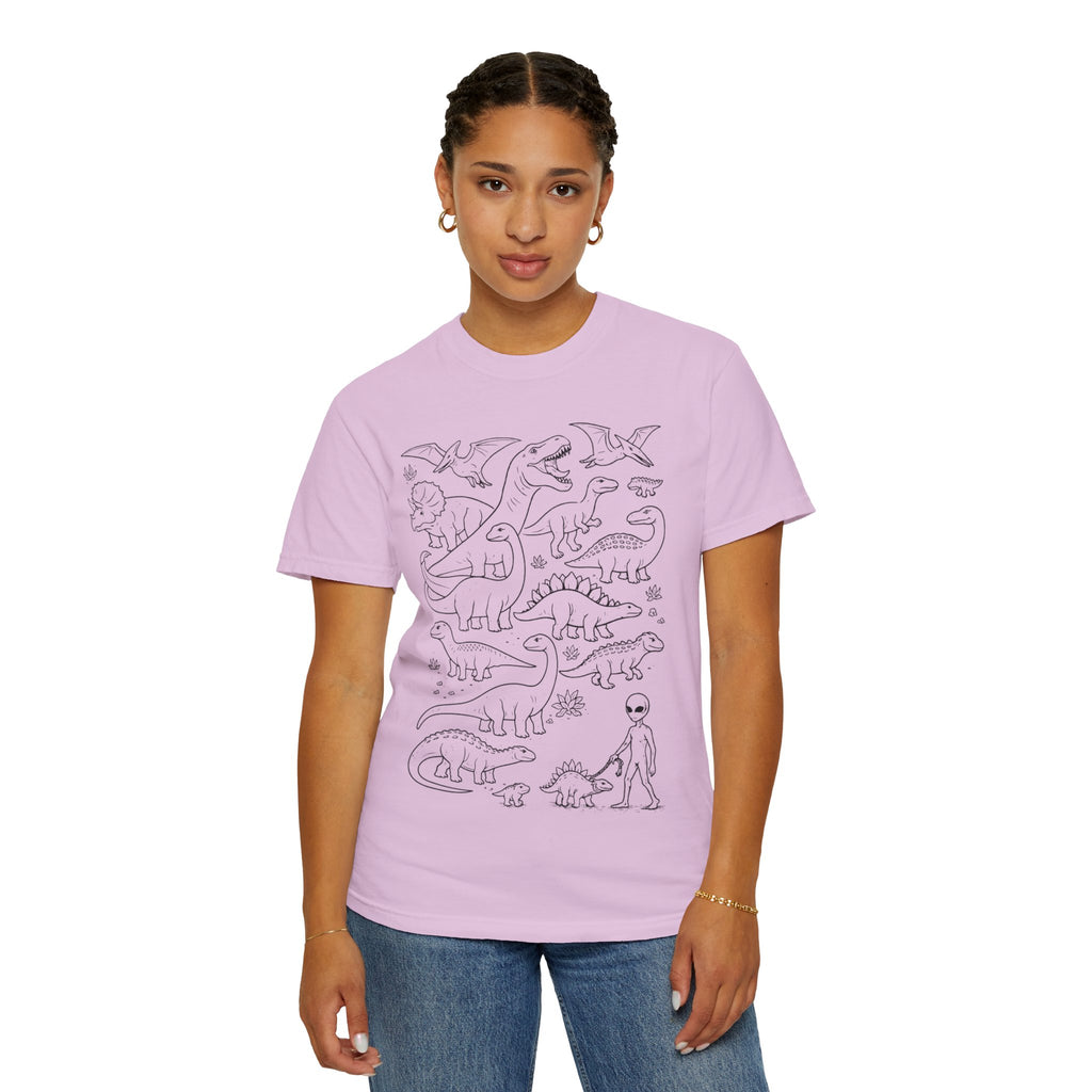 Alien & Dinosaur funny Line Art T-Shirt