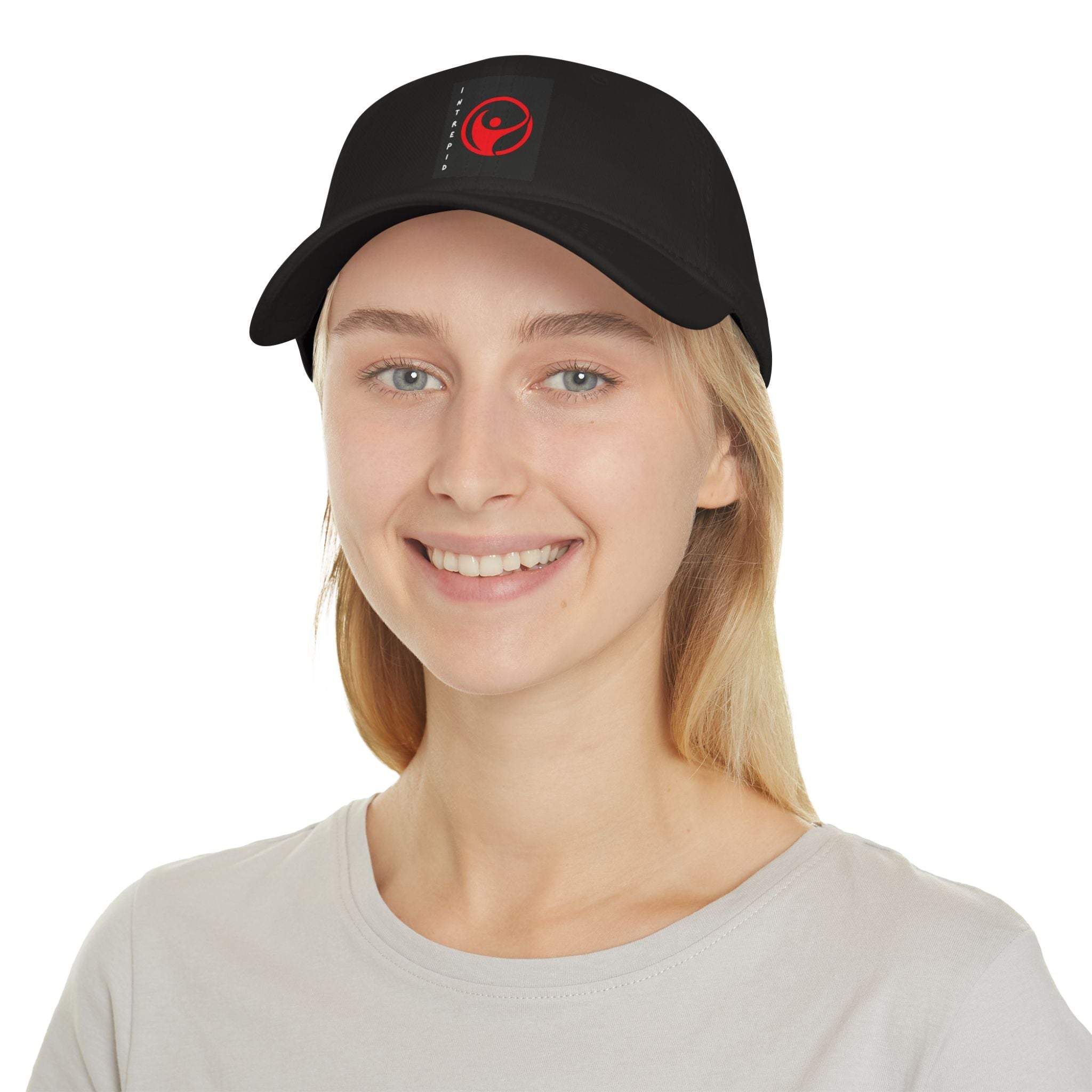Intrepid Red Circular Logo Baseball Cap | Minimal Emblem, Black Square Patch