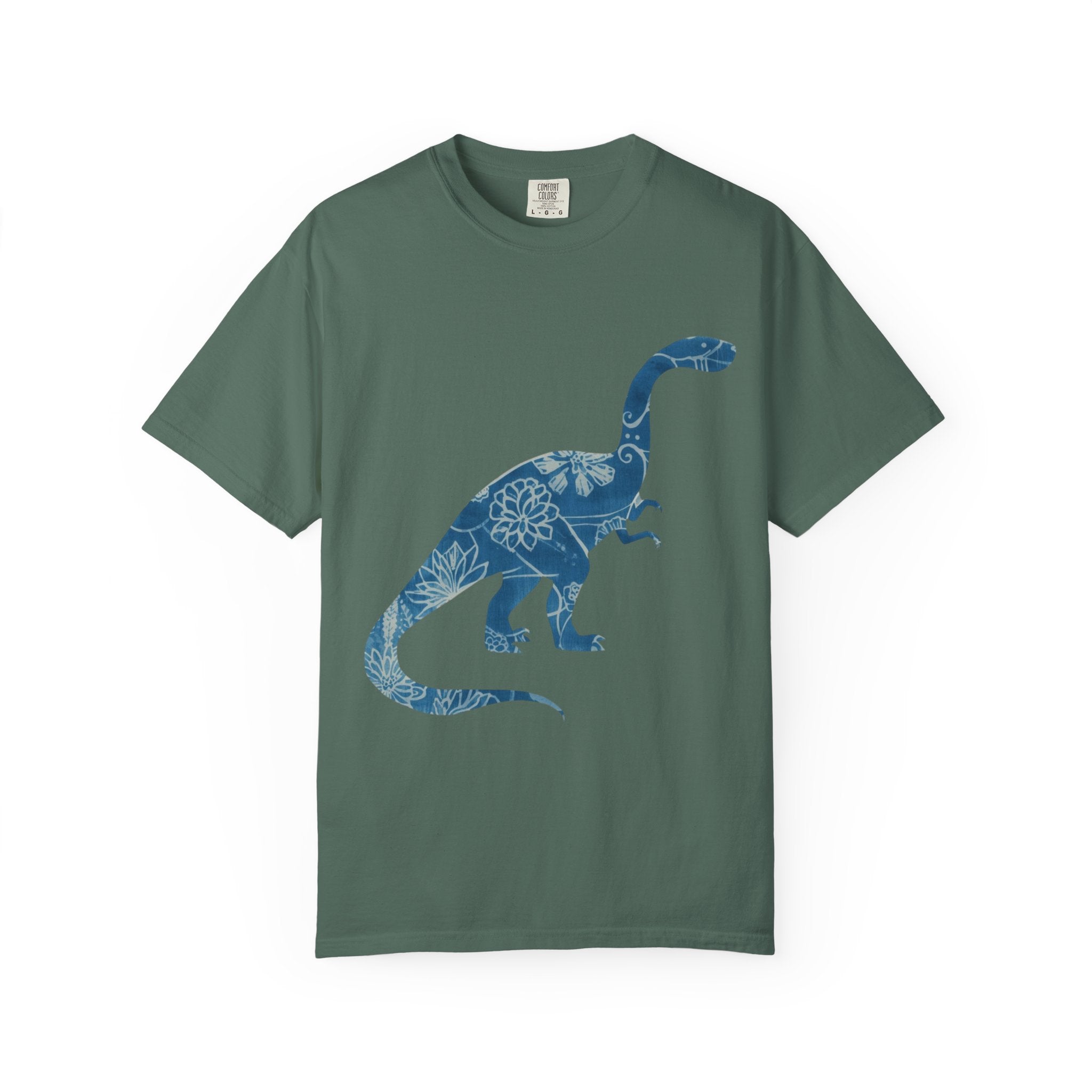 Dinosaur Floral blue chinoiserie Silhouette T-Shirt | Blue Botanical Dino Brontosaurus Tee