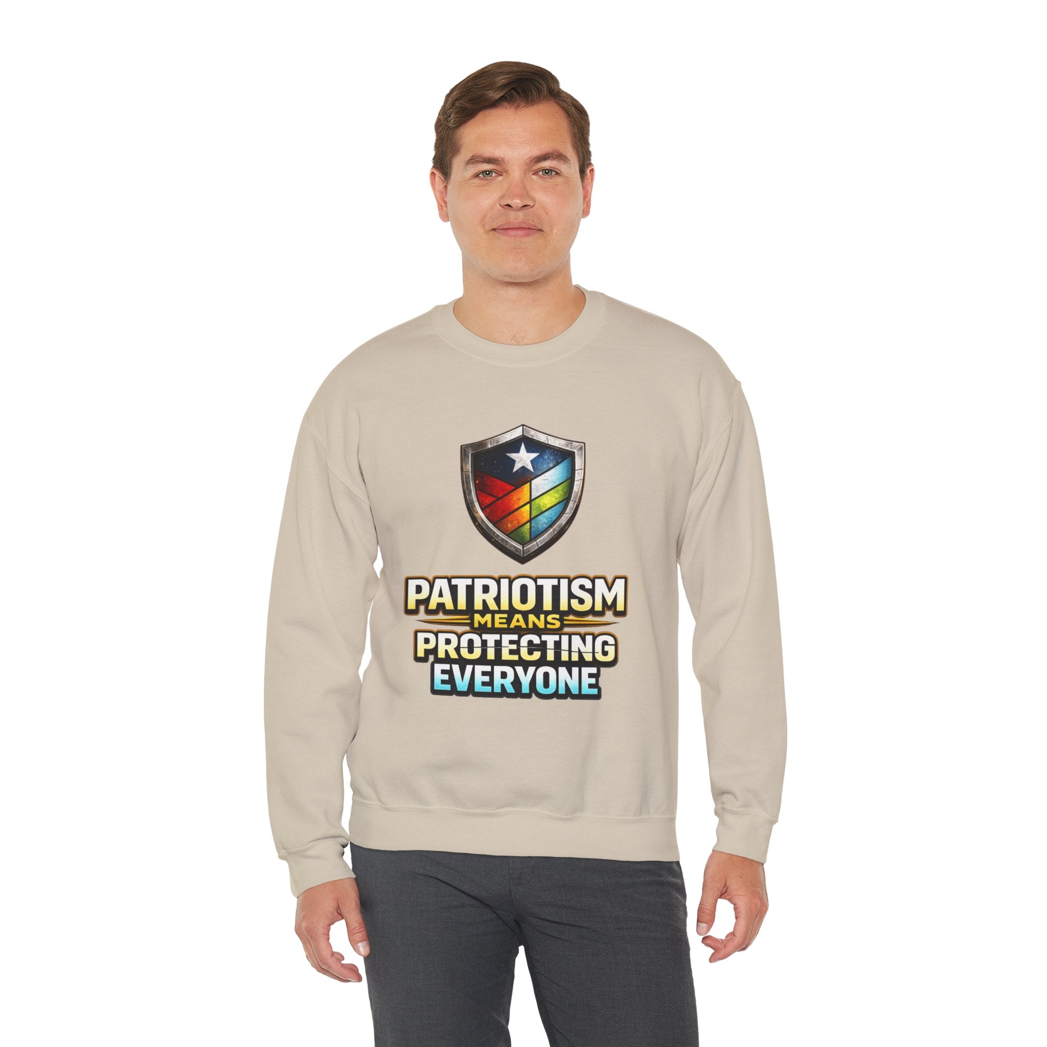 Patriotism Means Protecting Everyone Sweatshirt | Rainbow Shield Flag Design