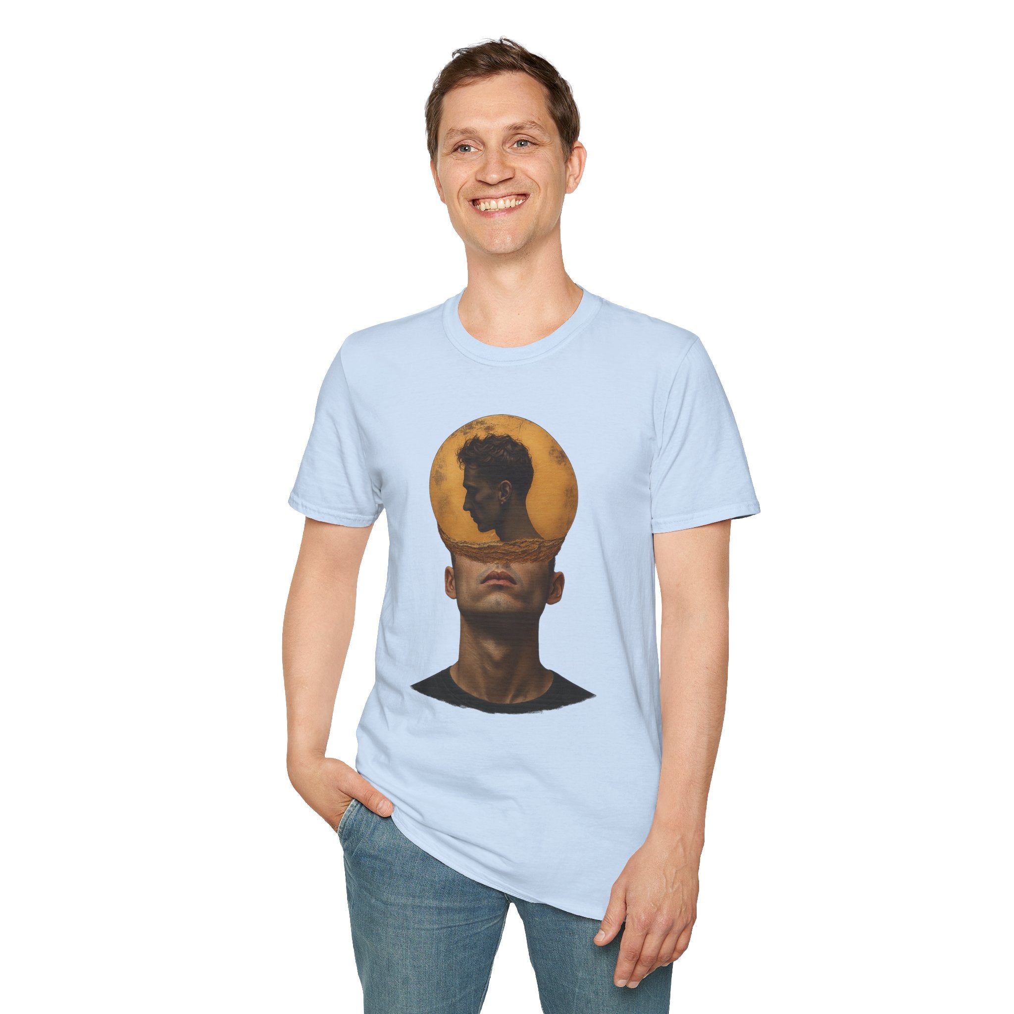 Surreal Double Portrait T-Shirt | Abstract Head Silhouette, Moon Circle