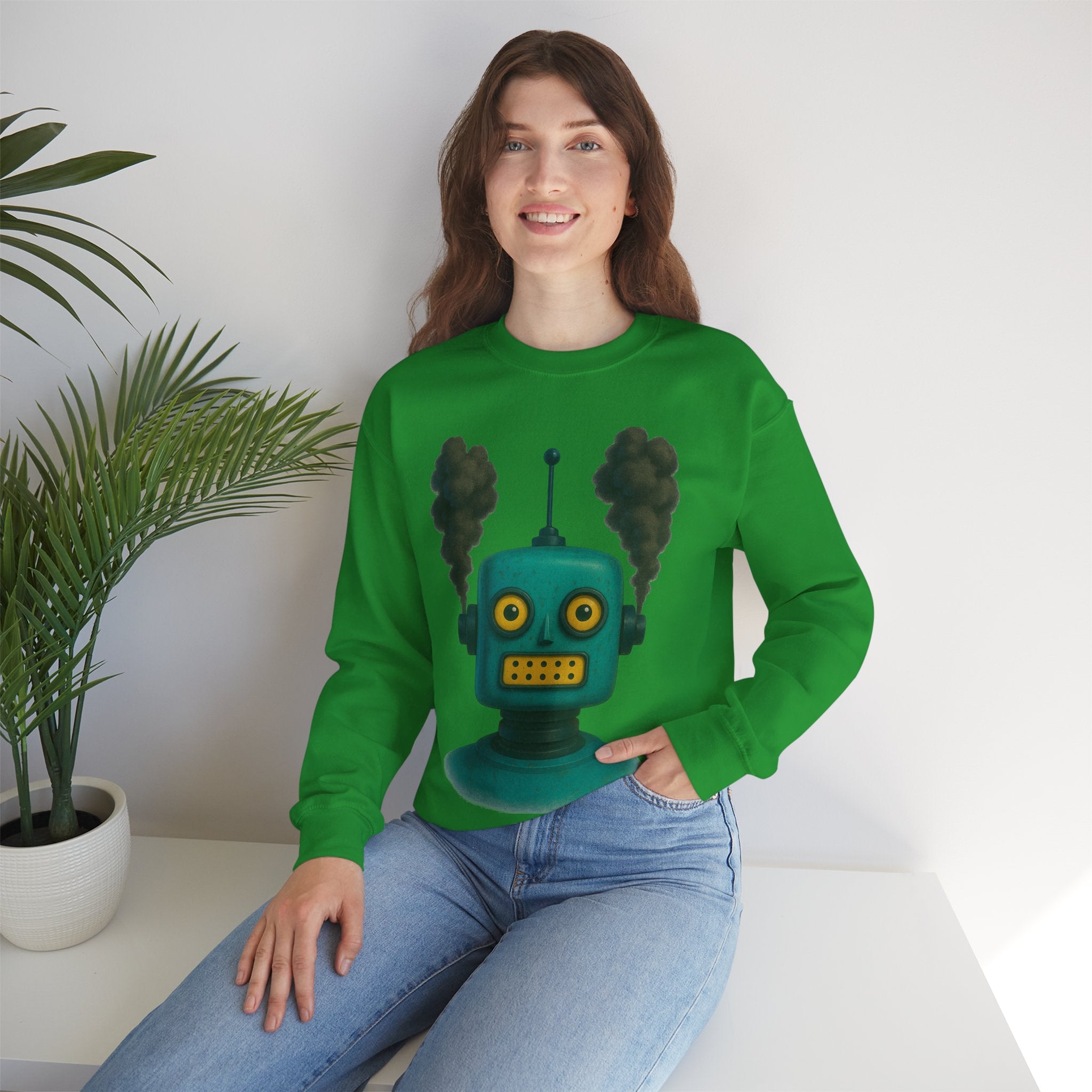 Smoking Robot Graphic Unisex Sweatshirt, Cozy Crewneck Top