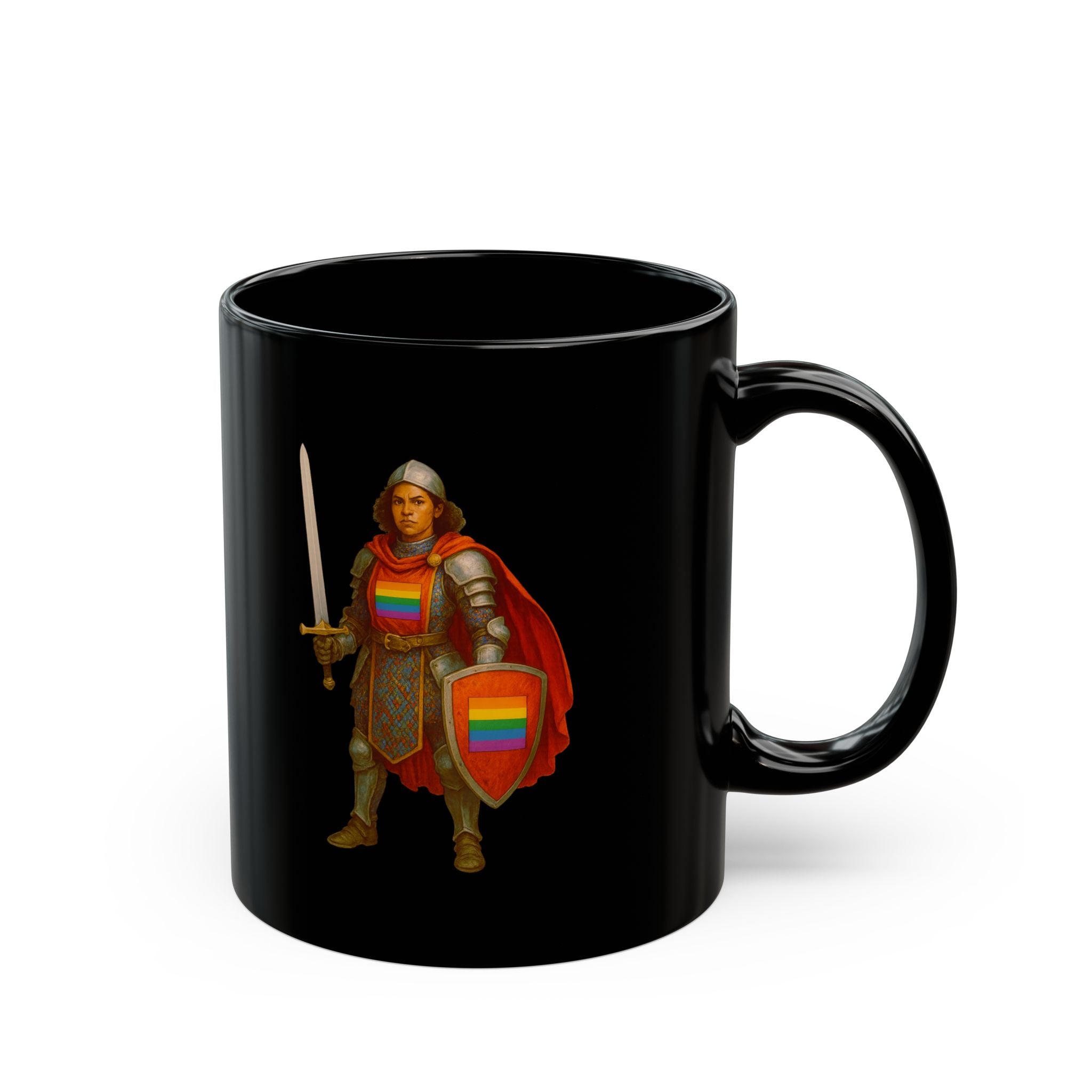 Rainbow Paladin Mug | Black Ceramic Mug with Pride Shield and Cape