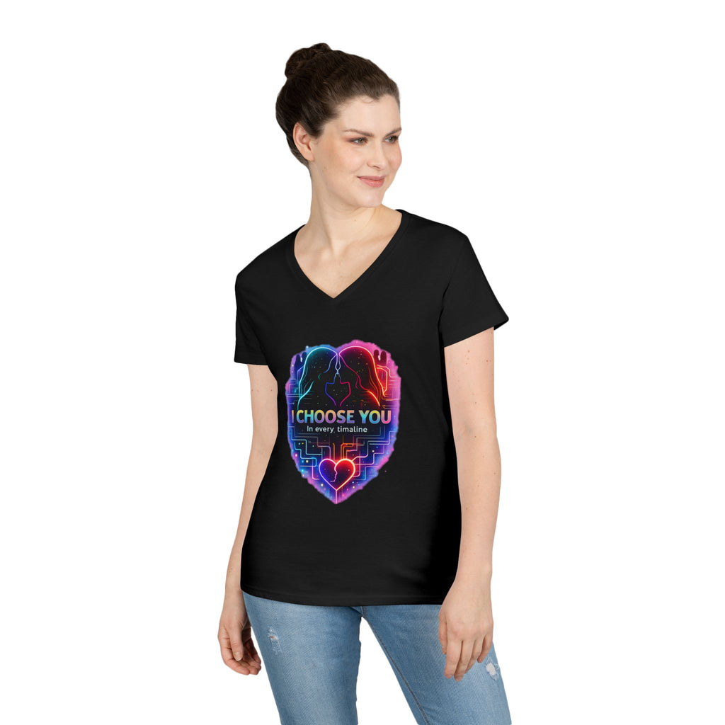 I Choose You in Every Timeline Heart Graphic Women's V-Neck T-Shirt | Neon Retro LGBTQ Love
