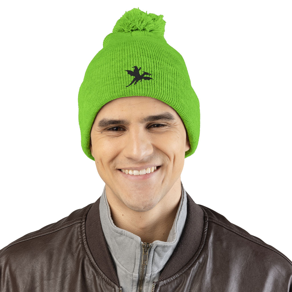 Santa on a Dragon Embroidered Pom-Pom Beanie | Knit Cap