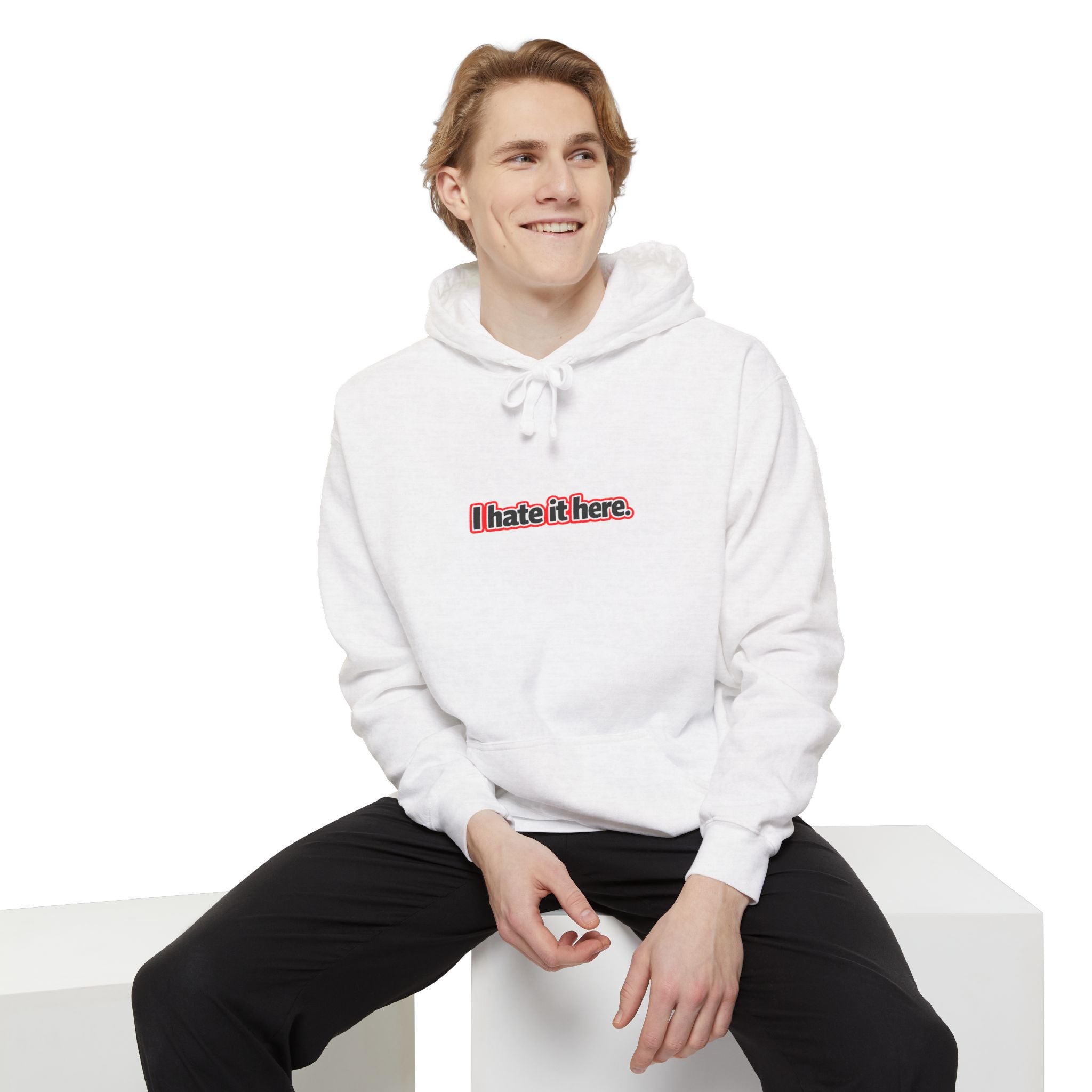 I hate it here, minimalist text design Comfort Colors hoodie