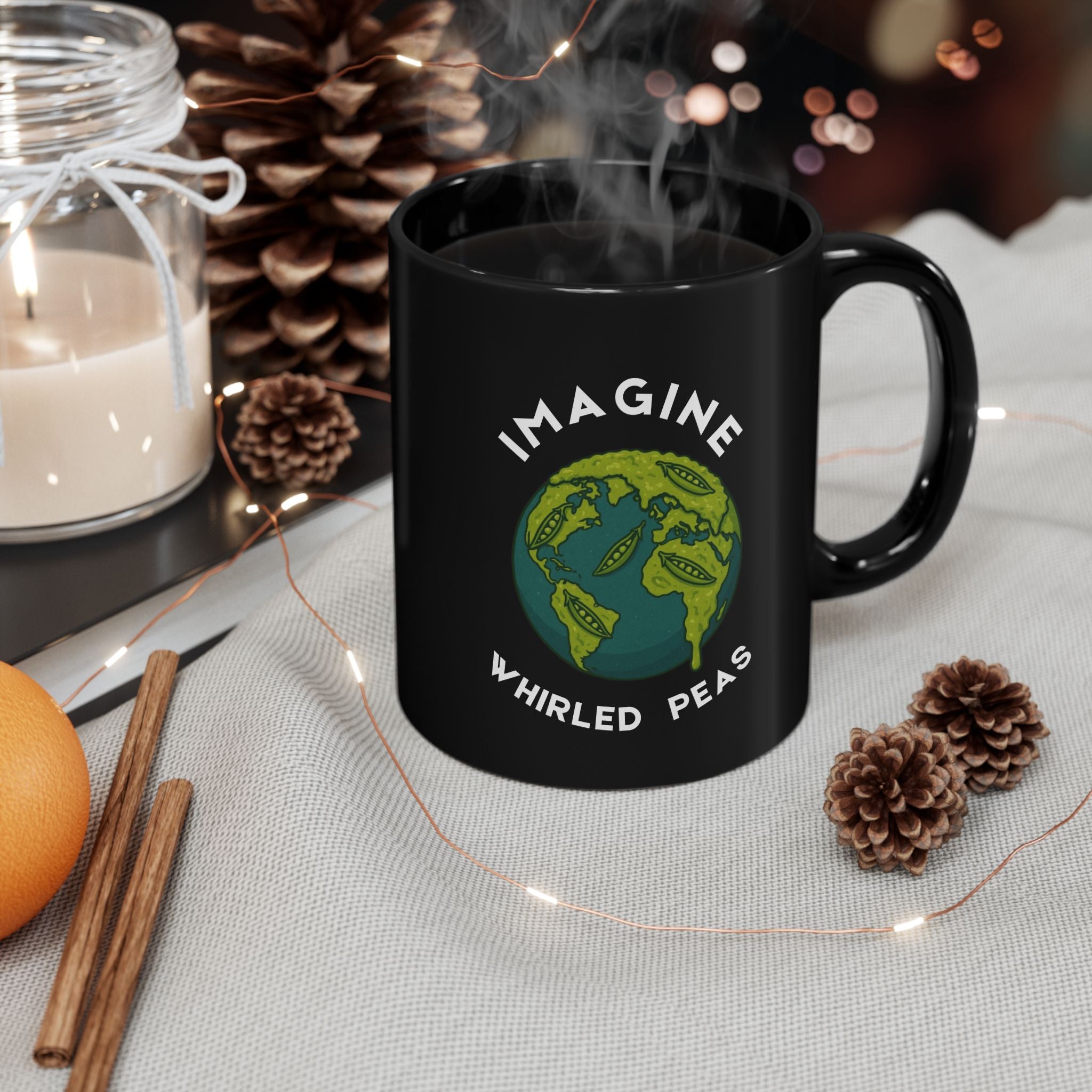 Imagine Whirled Peas Whimsical Black Mug with Earth and Peas Design