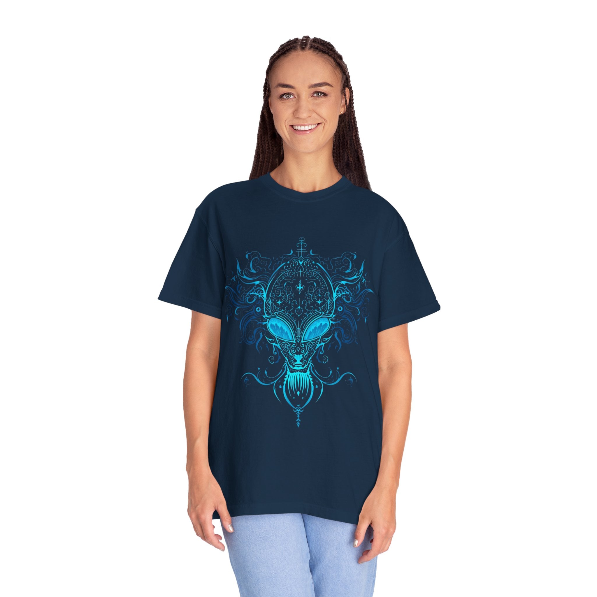 Alien Mask Ornate chinoiserie Blue T-Shirt | Mystical Alien Face Tee