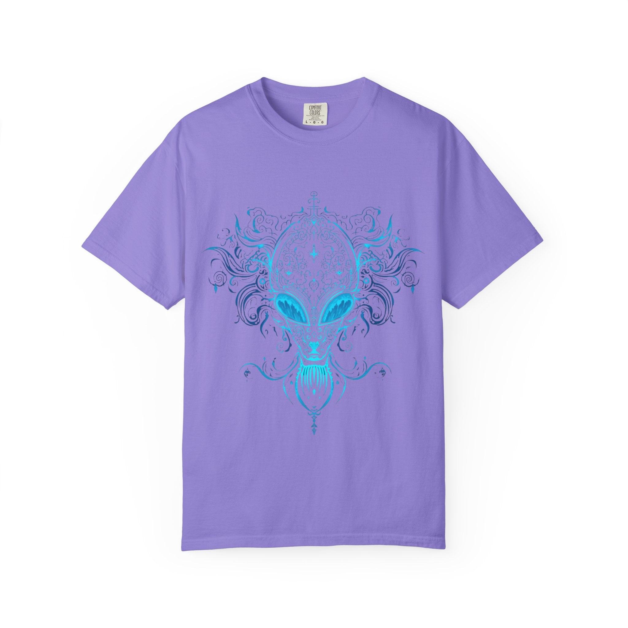 Alien Mask Ornate chinoiserie Blue T-Shirt | Mystical Alien Face Tee