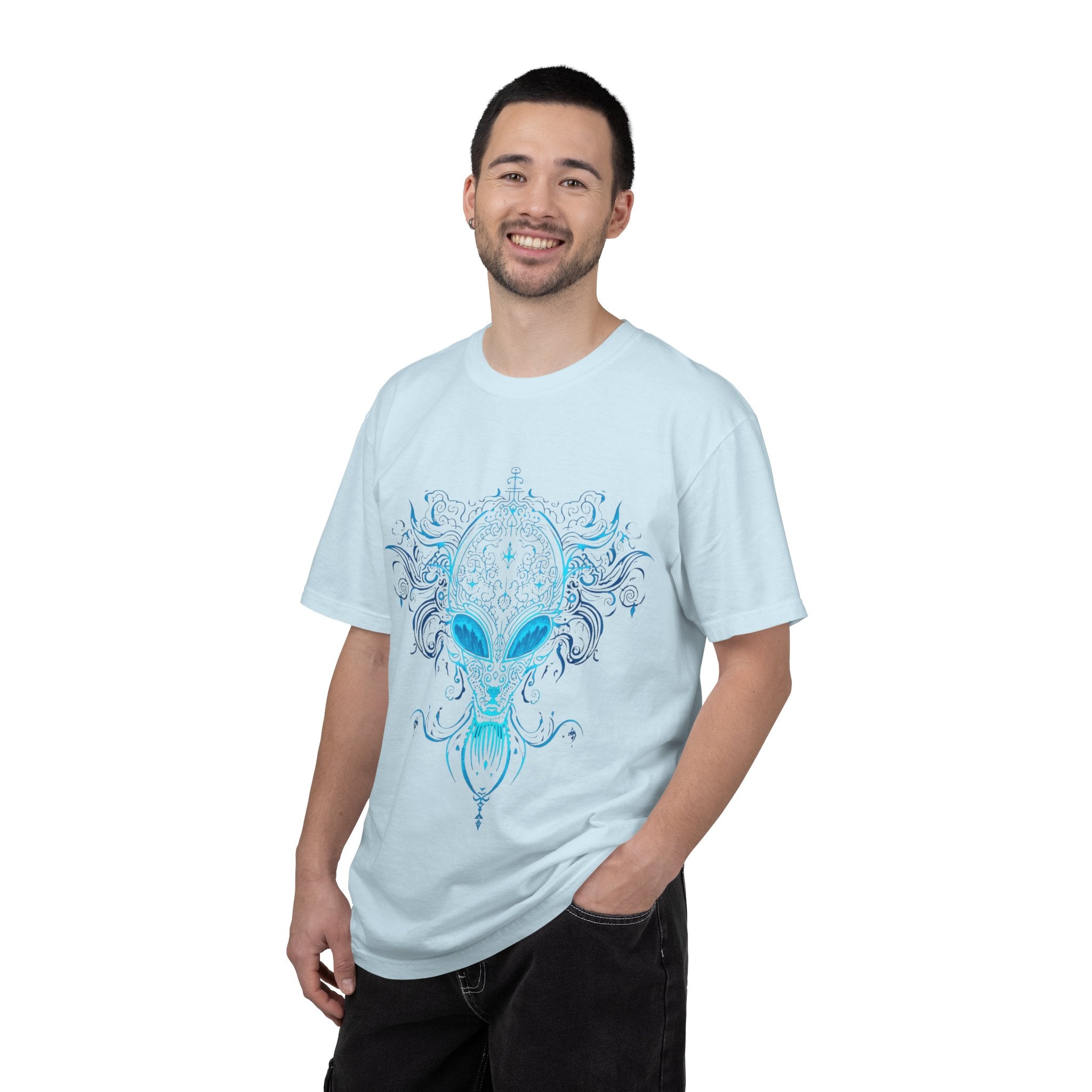 Alien Mask Ornate chinoiserie Blue T-Shirt | Mystical Alien Face Tee